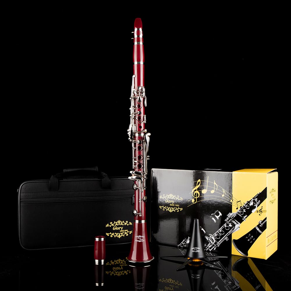 Glory GLY-CLADBL Professional Ebonite Bb Clarinet with 10 Reeds, Stand, Hard Case, Cleaning Cloth, Cork Grease, Mouthpiece Brush and Pad Brush,Dark Blue/Silver