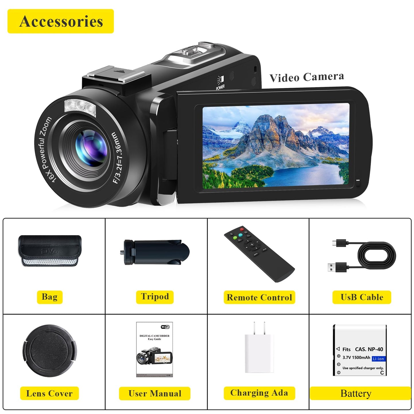 Video Camera, Full HD 1080P 30MP Camcorder, Vlogging Camera for YouTube with Infrared Night Vision, 18X Digital Zoom 3.0“ LCD Screen Digital Camera, Video Recorder with Remote Control and Battery