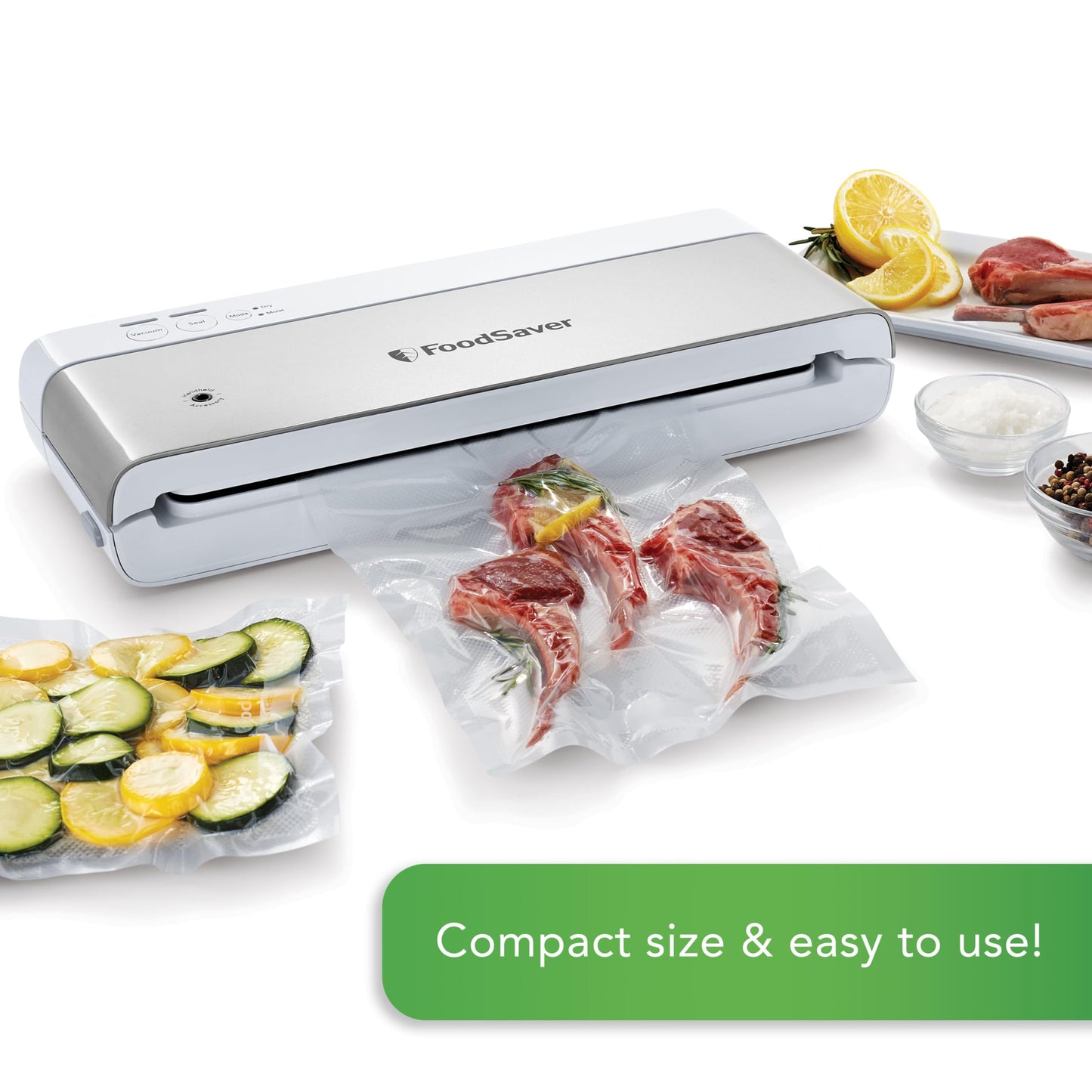 FoodSaver PowerVac Compact Vacuum Sealing Machine, Stainless Steel &amp; Black, Vertical Storage, VS0150 | Preserves freshness, reduces bag waste, for both dry and wet food