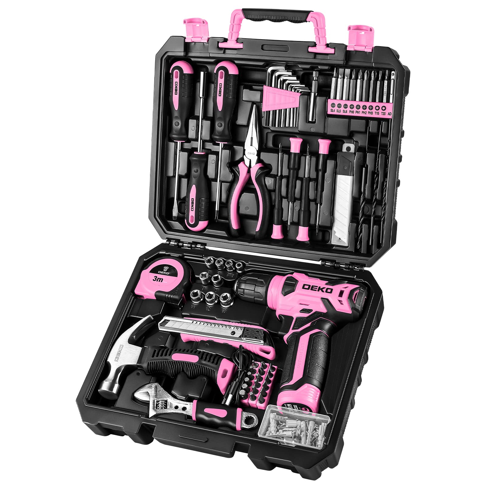 DEKOPRO Drill Set: Tool Set with 8V Red Cordless Drill, Home Tool Kit with Drill, Hand Tool Kits for Women 126 Piece