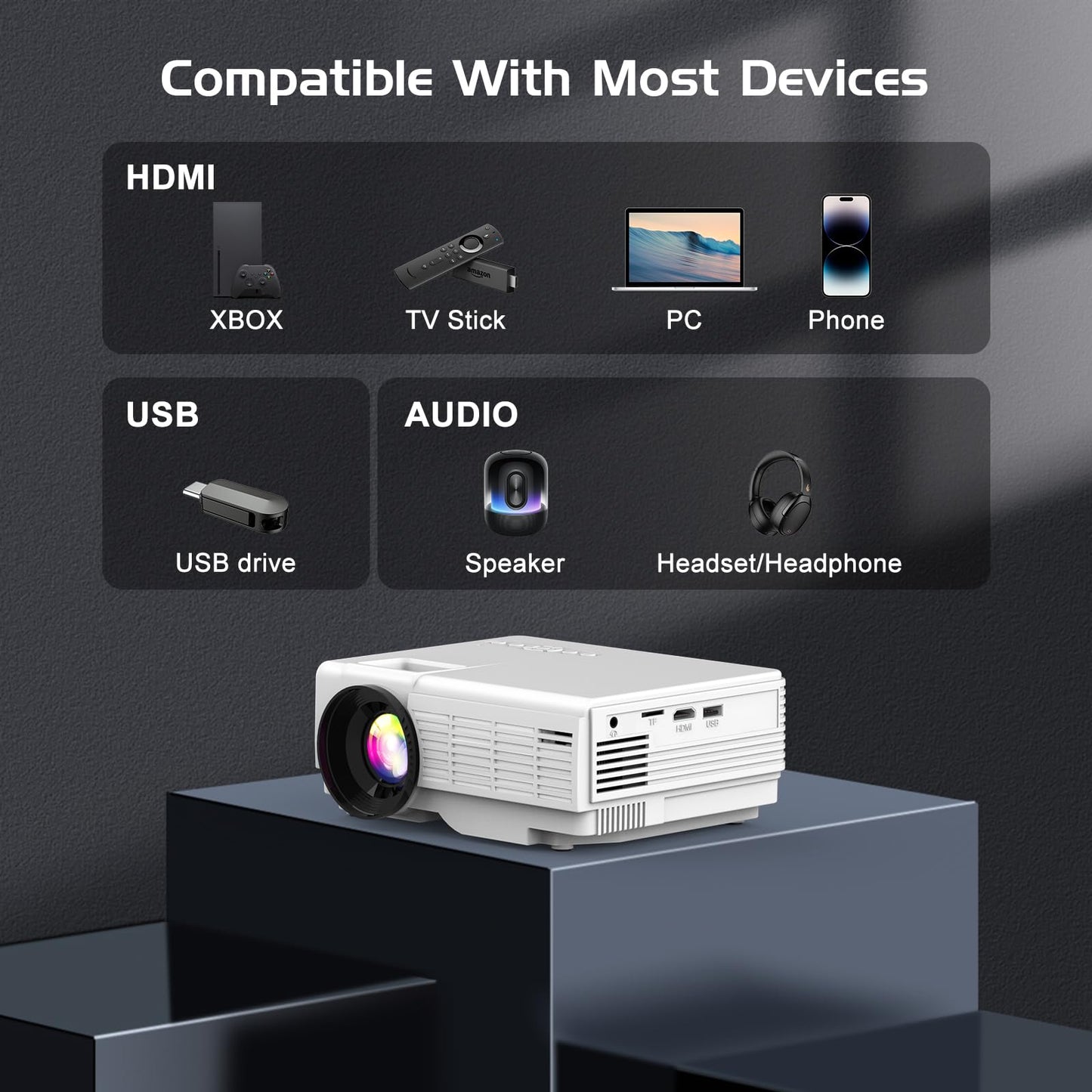 Projector with Two-way Bluetooth, Mini Projector with Projector Screen, Full HD 1080P Portable Video Projector, Home Movie Projector Compatible with HDMI/USB/Smartphone