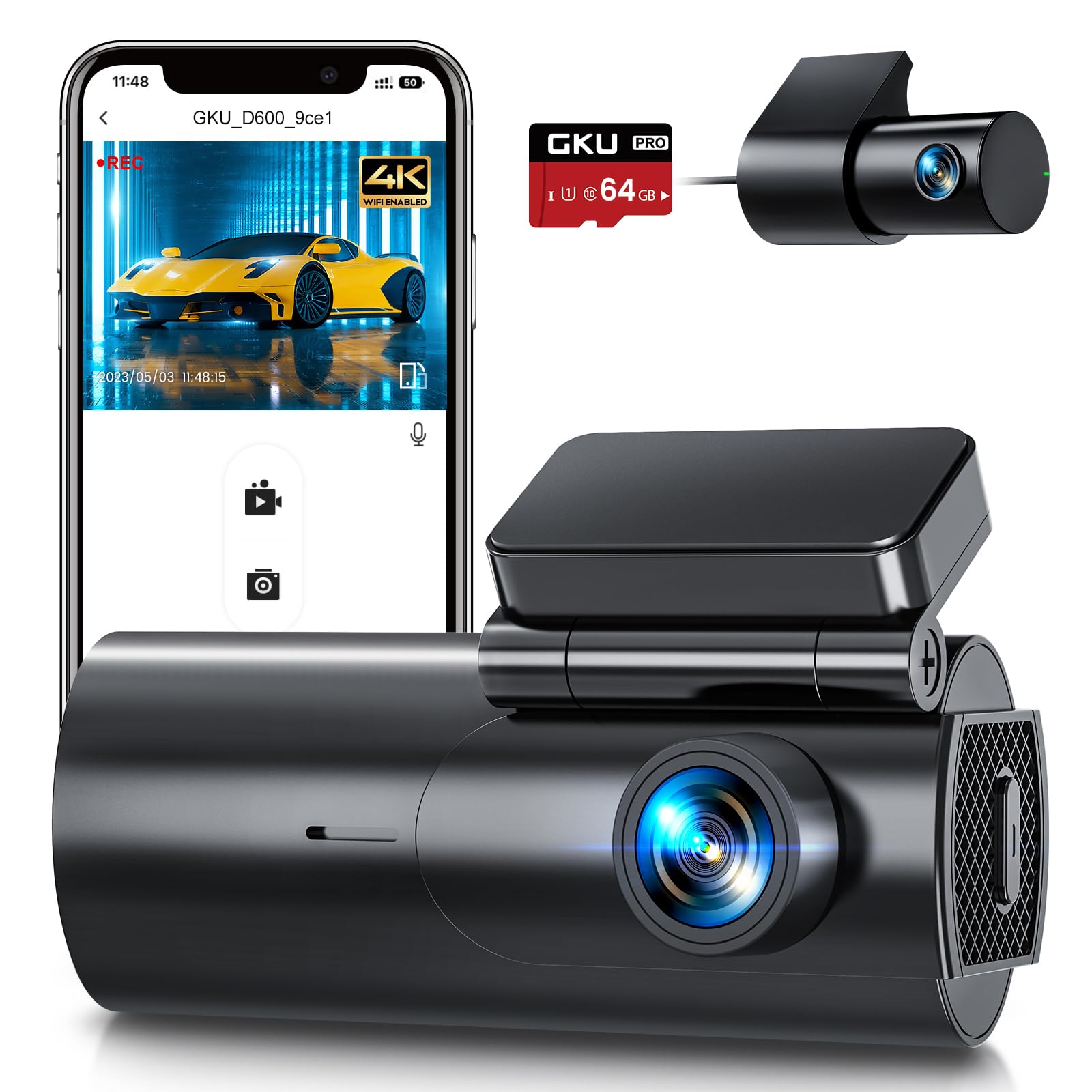 GKU Dash Cam Front and Rear Camera – 4K+1080P Dual Dash Camera for Cars with 64GB SD Card, 5GHz WiFi &amp; App Control, Night Vision, Parking Mode, G-Sensor, Loop Recording, WDR, 170° Wide Angle