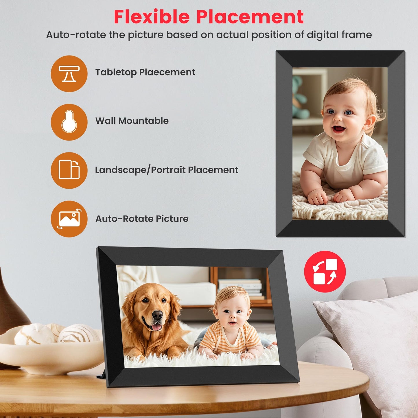 Frameo 10.1 Inch WiFi Digital Picture Frame, Smart Cloud Electronic Photo Frame with HD IPS Touch Screen Slideshow 32GB Memory Auto-Rotate Wall Mount, Share Photos/Videos from Phone by Frameo App