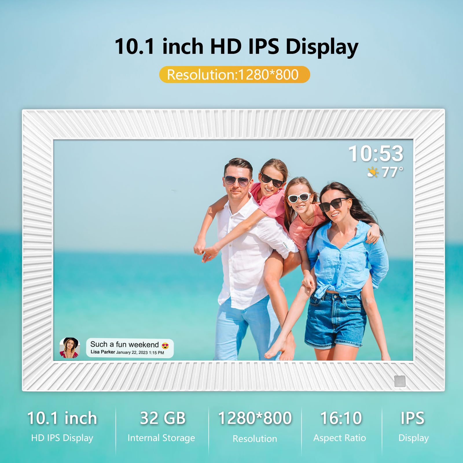 FRAMEO Digital Photo Frame WiFi 32GB 10.1 Inch 1280x800 IPS Touch Screen Digital Picture Frame Easy Setup Share Photo or Video via Frameo APP