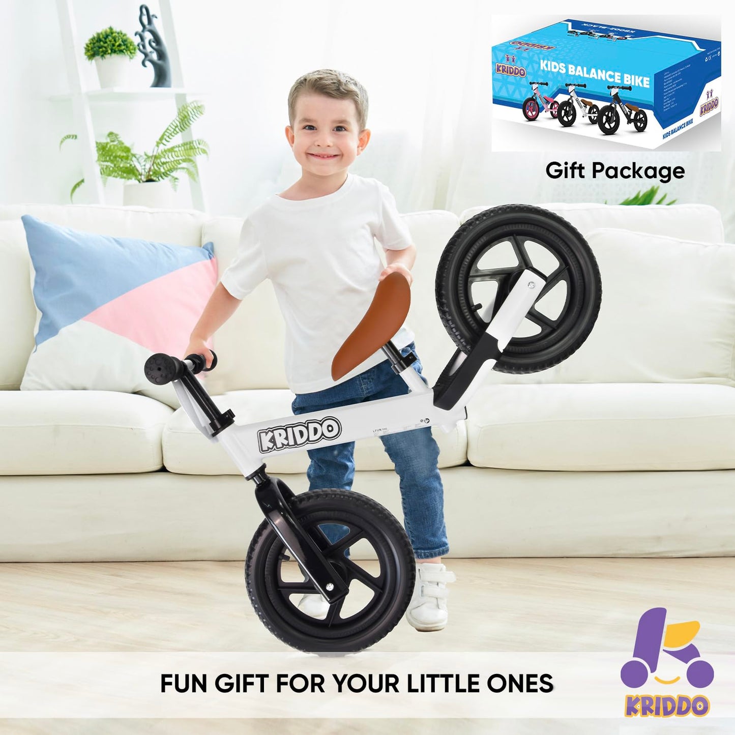 KRIDDO Toddler Balance Bike 2 Year Old, Age 24 Months to 5 Years Old, 12 Inch Push Bicycle with Customize Plate (3 Sets of Stickers Included), Steady Balancing, Gift Bike for 2-3 Boys Girls