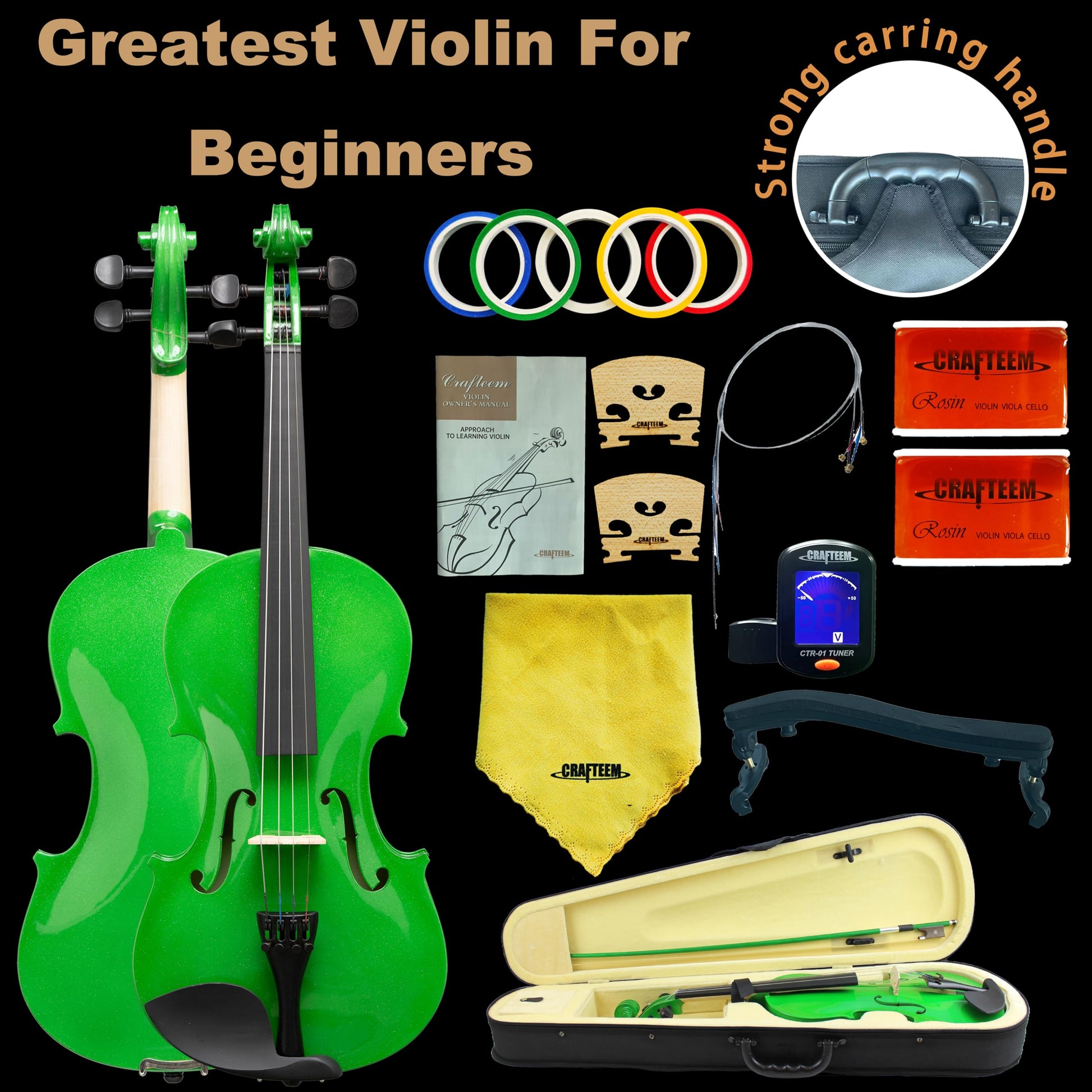 1/2 Fiddle Black Colored Premium Violin Outfit for Beginners Adults Kids With 5 Color Fingering Tape- Handcrafted Student Beginner Violin.(Black, 1/2)