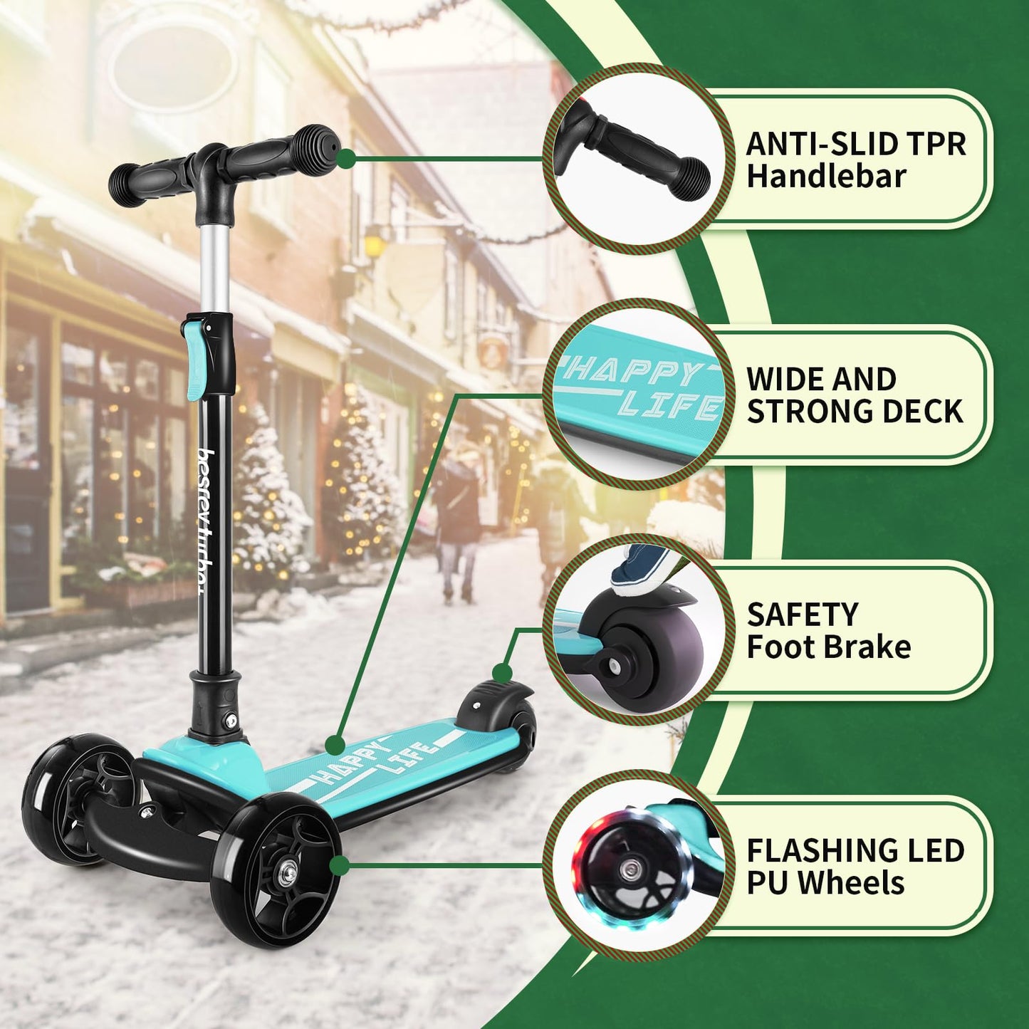 besrey Kick Scooter for Kids Ages 3-10, 3 Wheel Scooter for Kids with Adjustable Height, Folding Kids Scooter with LED Light Wheels Rear Brak Extra Wide Deck Outdoor Activities for Boys/Girls