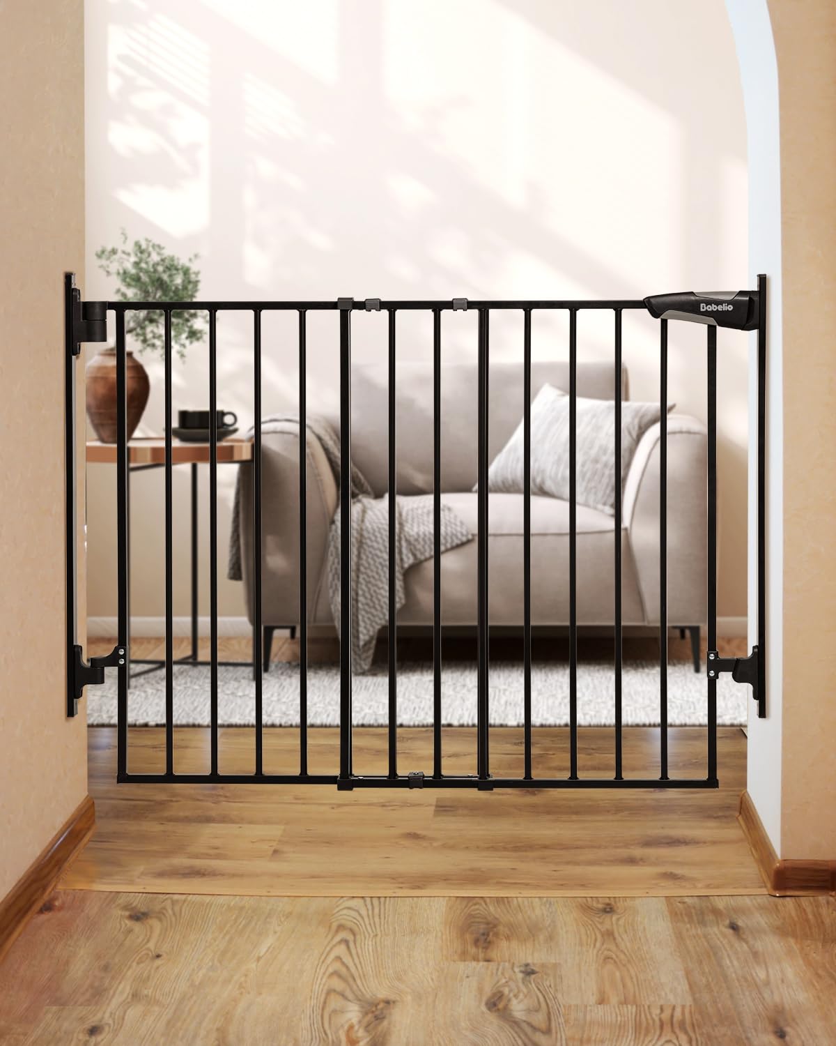 Babelio 26-43" No Bottom Bar Baby Gate for Babies, Elders and Pets, 2-in-1 Hardware Mount Dog Gate for The House, Stairs and Doorways, with Large Walk Thru Door, Black