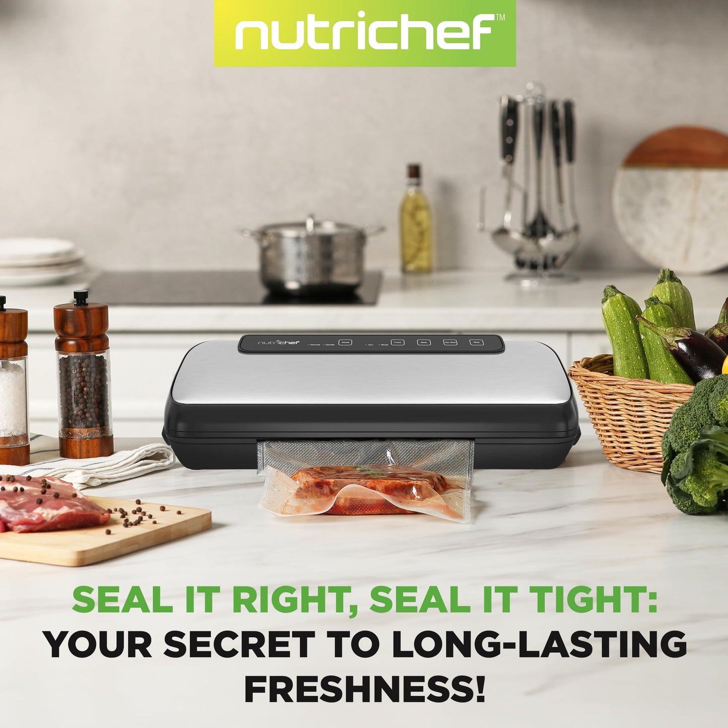 NutriChef Automatic Vacuum Air Sealing System for Food Preservation with Starter Kit, Compact Design, Lab Tested, Dry &amp; Moist Food Modes with Led Indicator Lights, Black