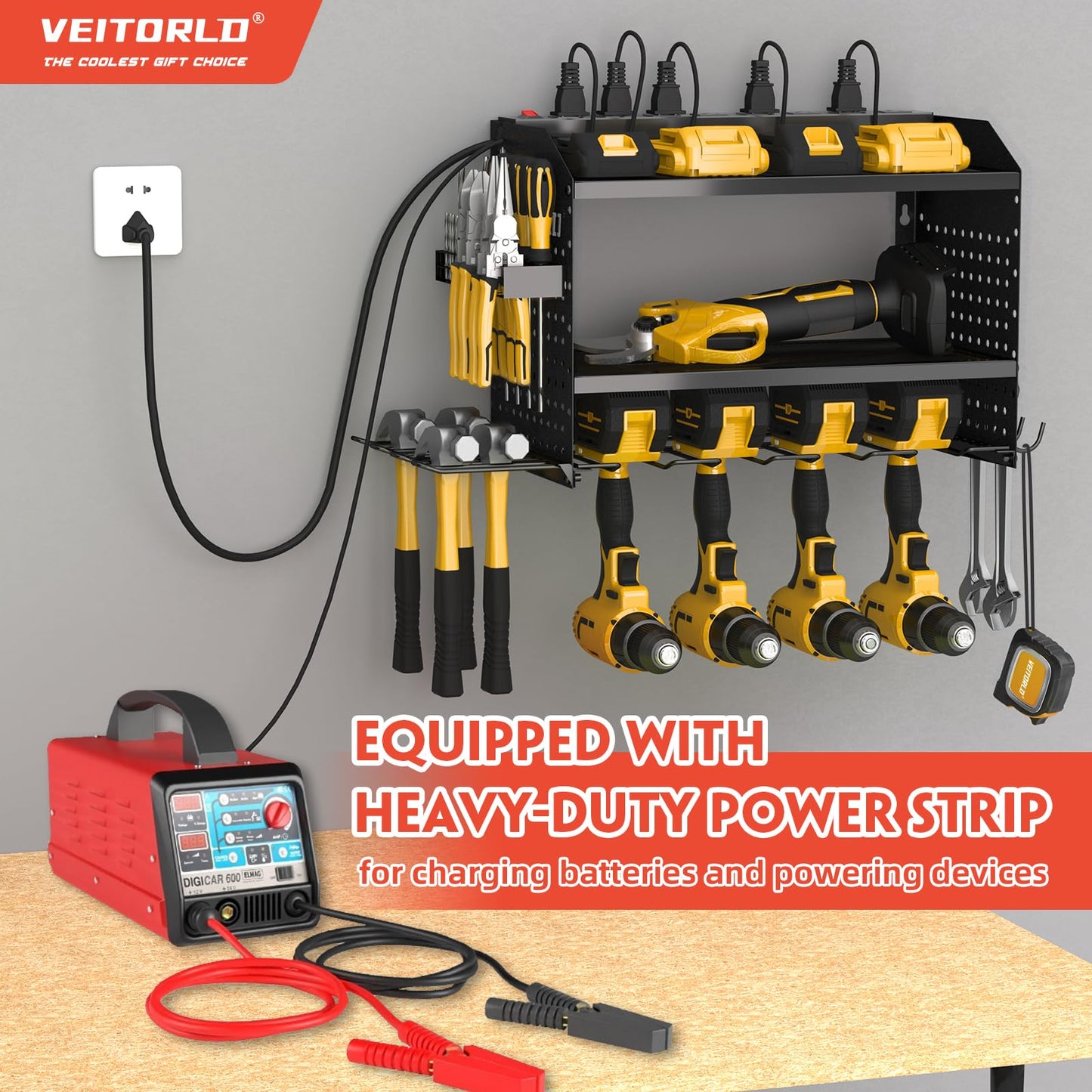 Veitorld Power Tool Organizer with Charging Station, Garage Tool Storage Organizer Built in 8 Outlet Power Strip with Drawers, 6 Drill Holder Wall Mount, Gifts for Men Dad Husband Him Fathers Day