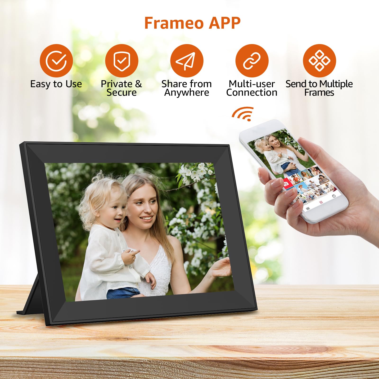 Frameo 10.1 inch Digital Picture Frame WiFi Smart Digital Photo Frame Wood IPS HD 1280 * 800 1080P Touch Screen Auto-Rotate Easy Setup to use Free Share Photos and Videos Gift for mon Father Women