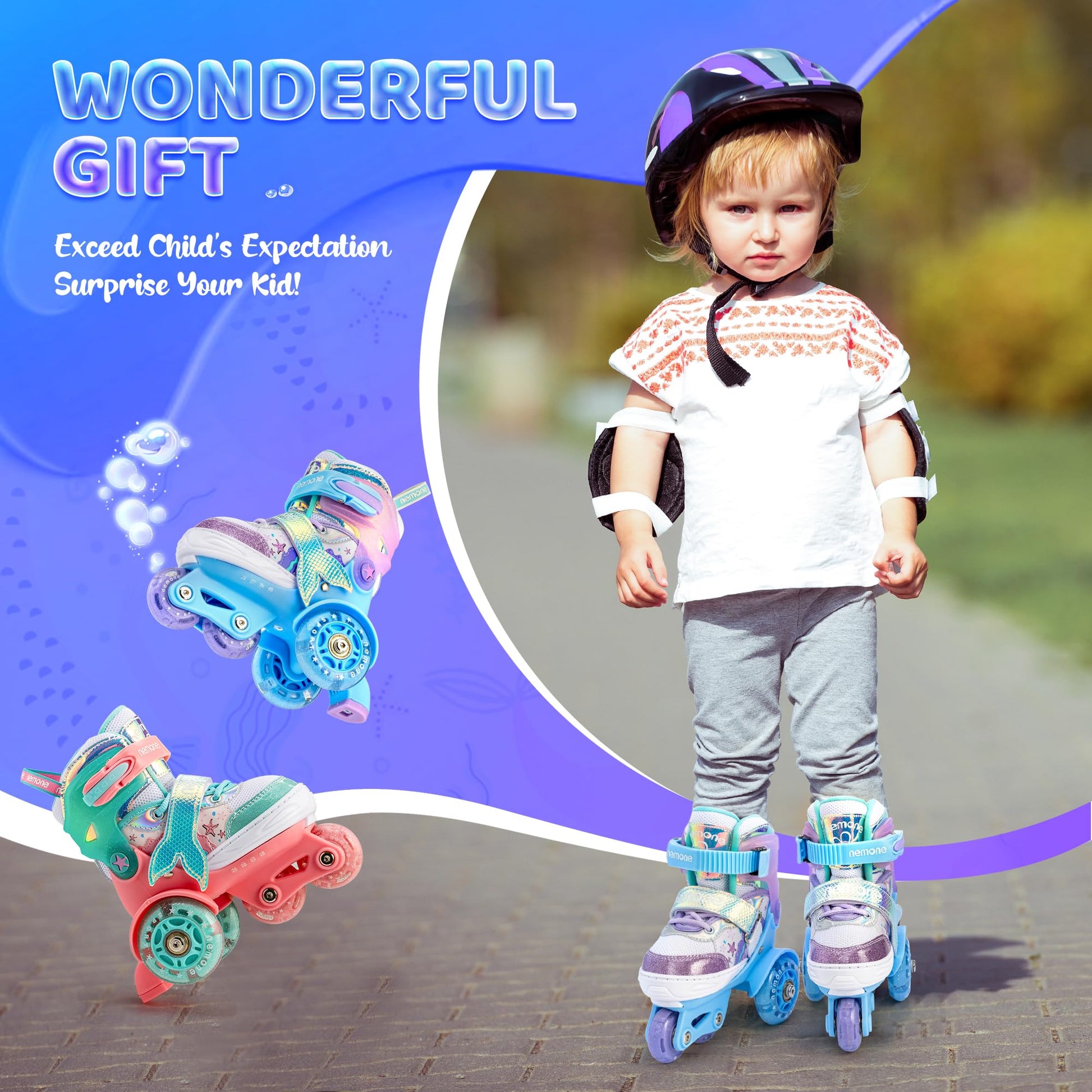 NEMONE Mermaid 4 Size Adjustable Light up Roller Skates for Girls, Purple Blue Skates for Toddlers, Beginner Kids Roller Skates Indoor Outdoor