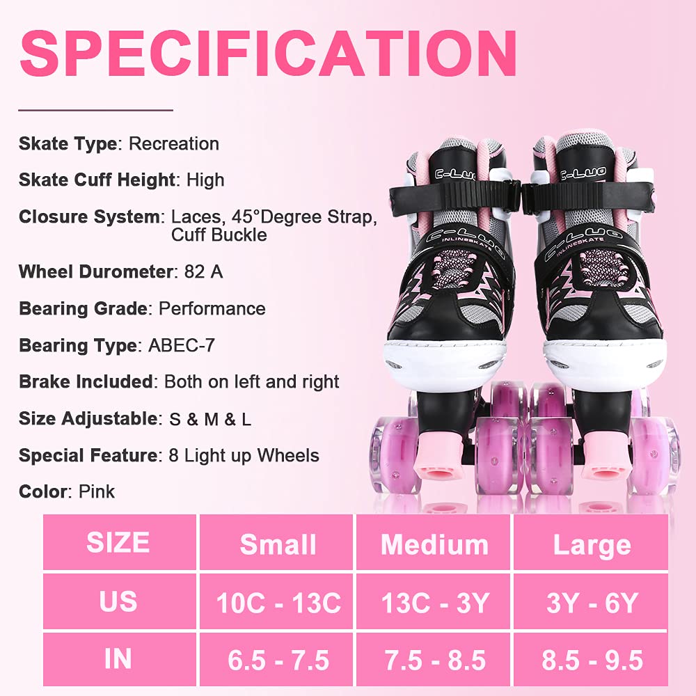 Sowume Adjustable Roller Skates for Girls and Women, All 8 Wheels of Girl's Skates Shine, Safe and Fun Illuminating for Kids