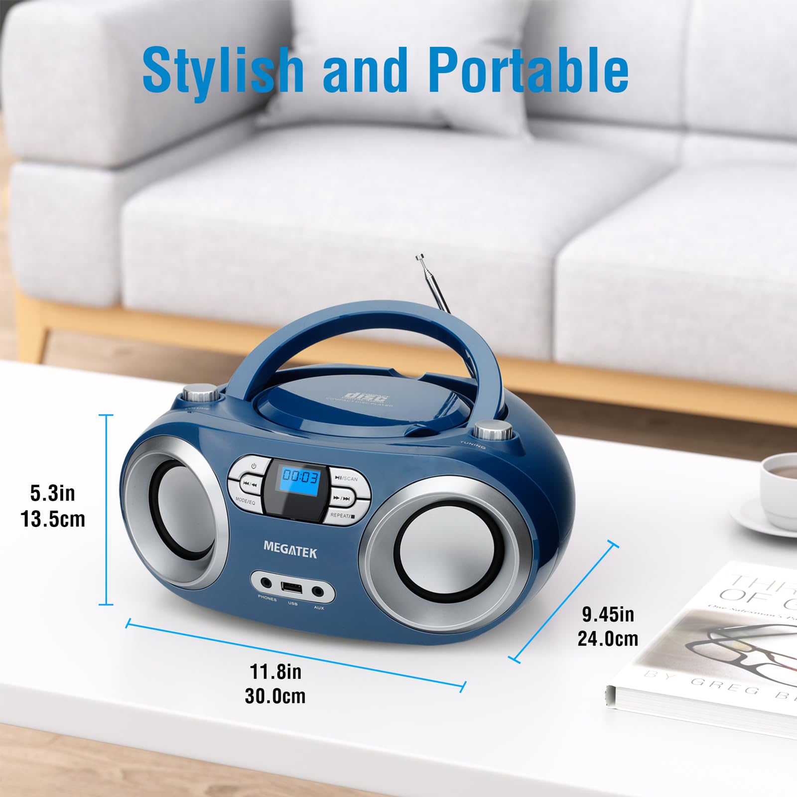 MEGATEK Portable CD Boombox with FM Stereo Radio, Bluetooth, USB Port, and Backlit LCD Display | CD-R/CD-RW/MP3-CD Compatible | AUX Input | Headphone Jack | Programmable CD Player - Black