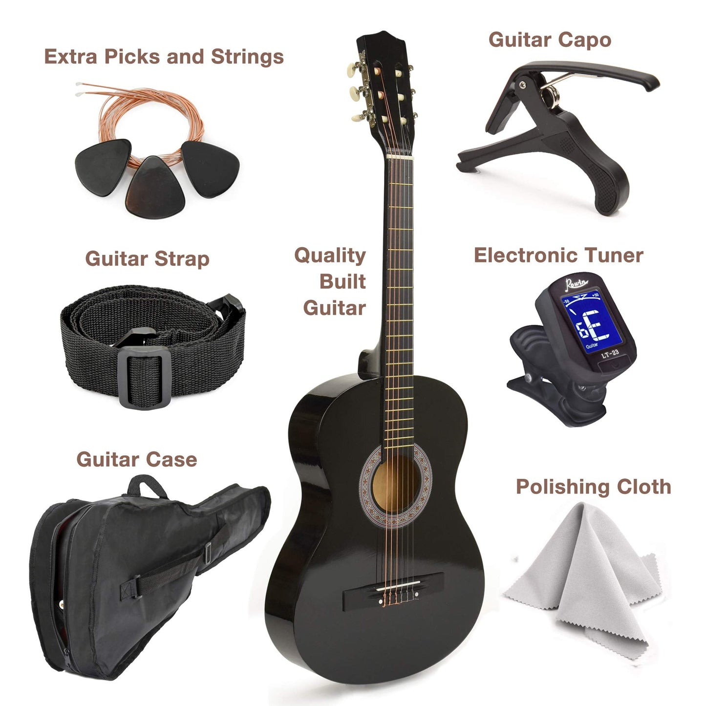 30" Left Handed Wood Guitar with Case and Accessories for Kids/Girls/Boys/Teens/Beginners (30", Black)