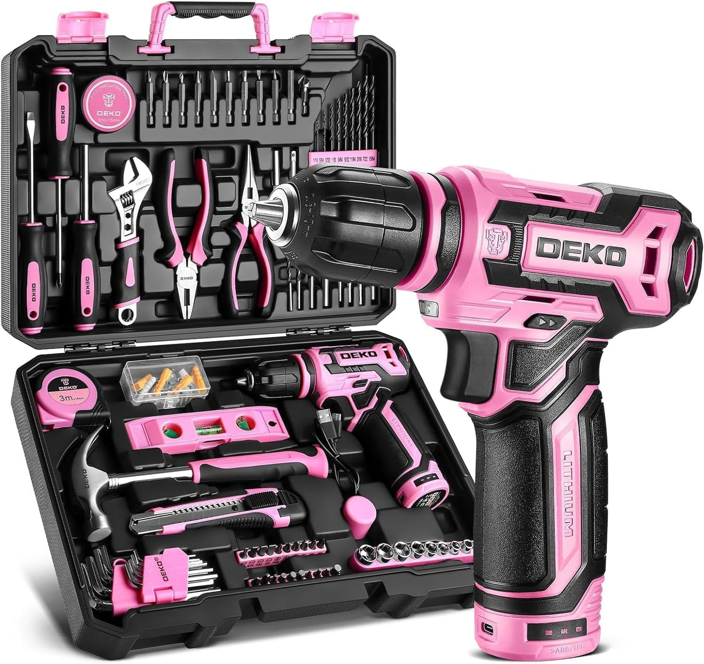 Pink Drill Tool Set Kit: Power Cordless Drill Tool Box with 12V Battery Electric Pink Drill Driver Set for Women Home Hand Repair Tools Sets Drills Case