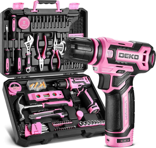 Pink Drill Tool Set Kit: Power Cordless Drill Tool Box with 12V Battery Electric Pink Drill Driver Set for Women Home Hand Repair Tools Sets Drills Case