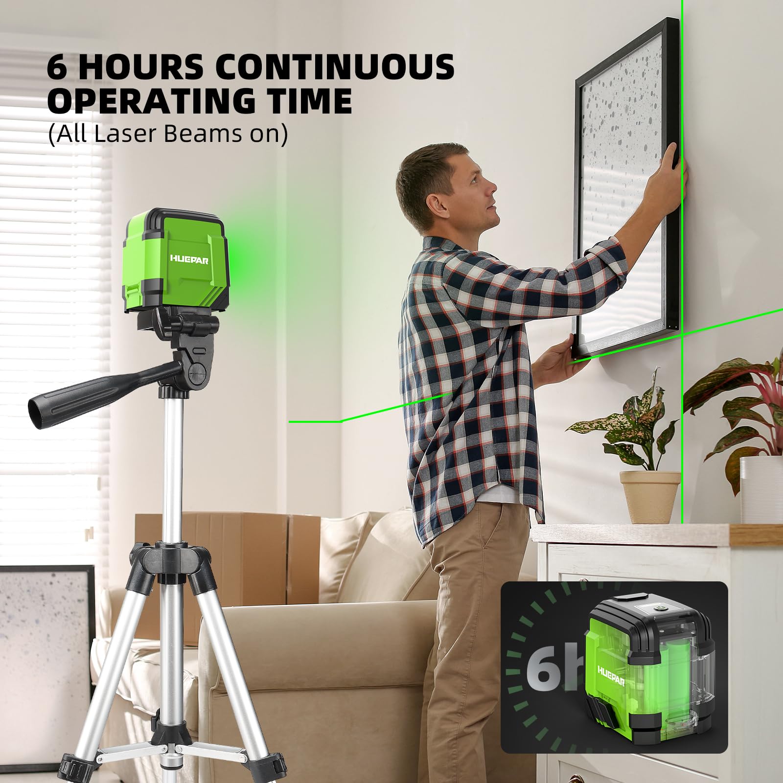 Laser Level with Tripod, HUEPAR 98Ft Self Leveling Laser Level Green Line Laser Cross Line Laser Leveler Tool for Picture Hanging, Tile, Home Renovation, Indoor Project, Battery&amp;Carrying Bag Included