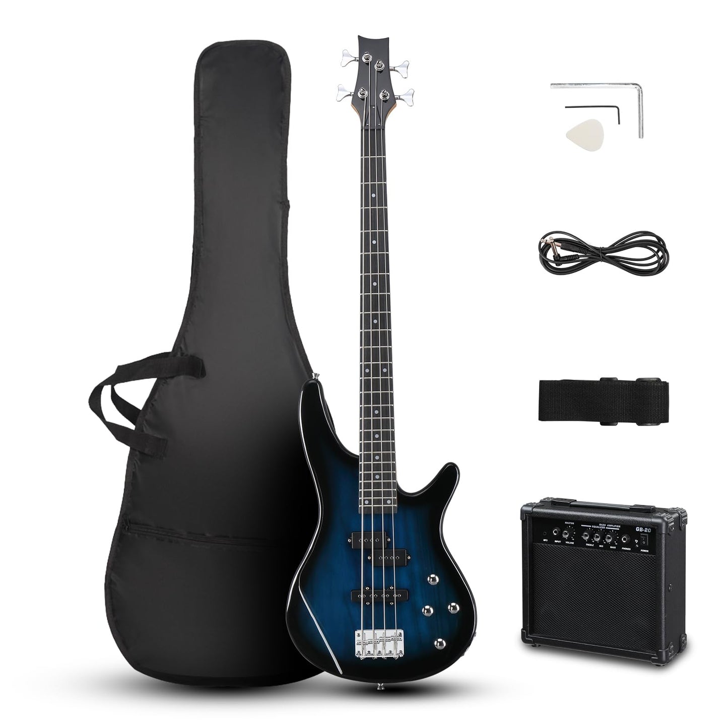 Ktaxon Electric Bass Guitar 4 String Bass Guitar with 20 Watt Amplifier, PJ Type Pickup, Naturally air-dried Maple Neck, Rosewood Fretboard, Basswood Body(Black)