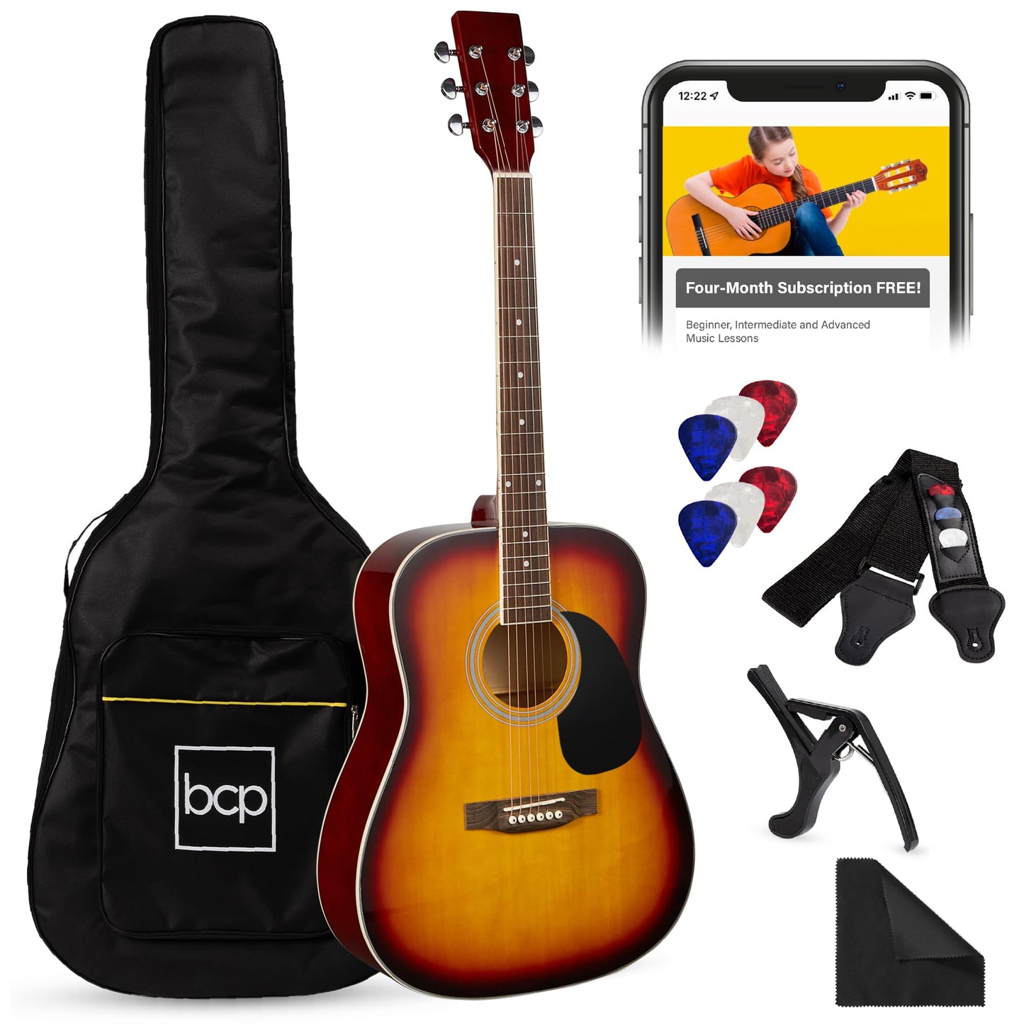 Best Choice Products 41in Full Size Beginner All Wood Acoustic Guitar Starter Set w/Gig Bag, Strap, Capo, Strings, Picks - Black