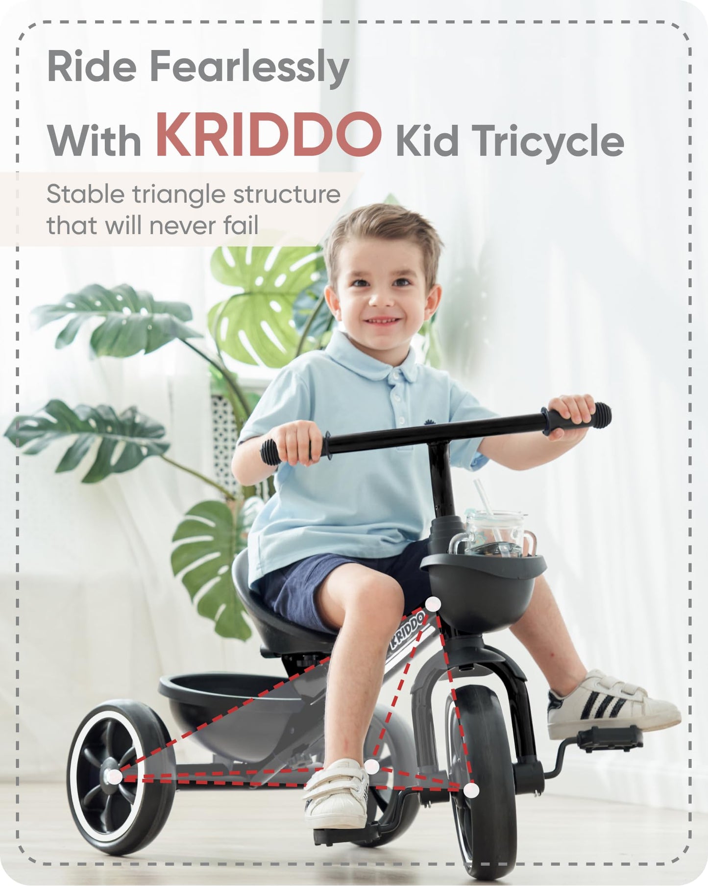 KRIDDO Kids Tricycle for 2-5 Year Olds - Gift for Toddlers - Black