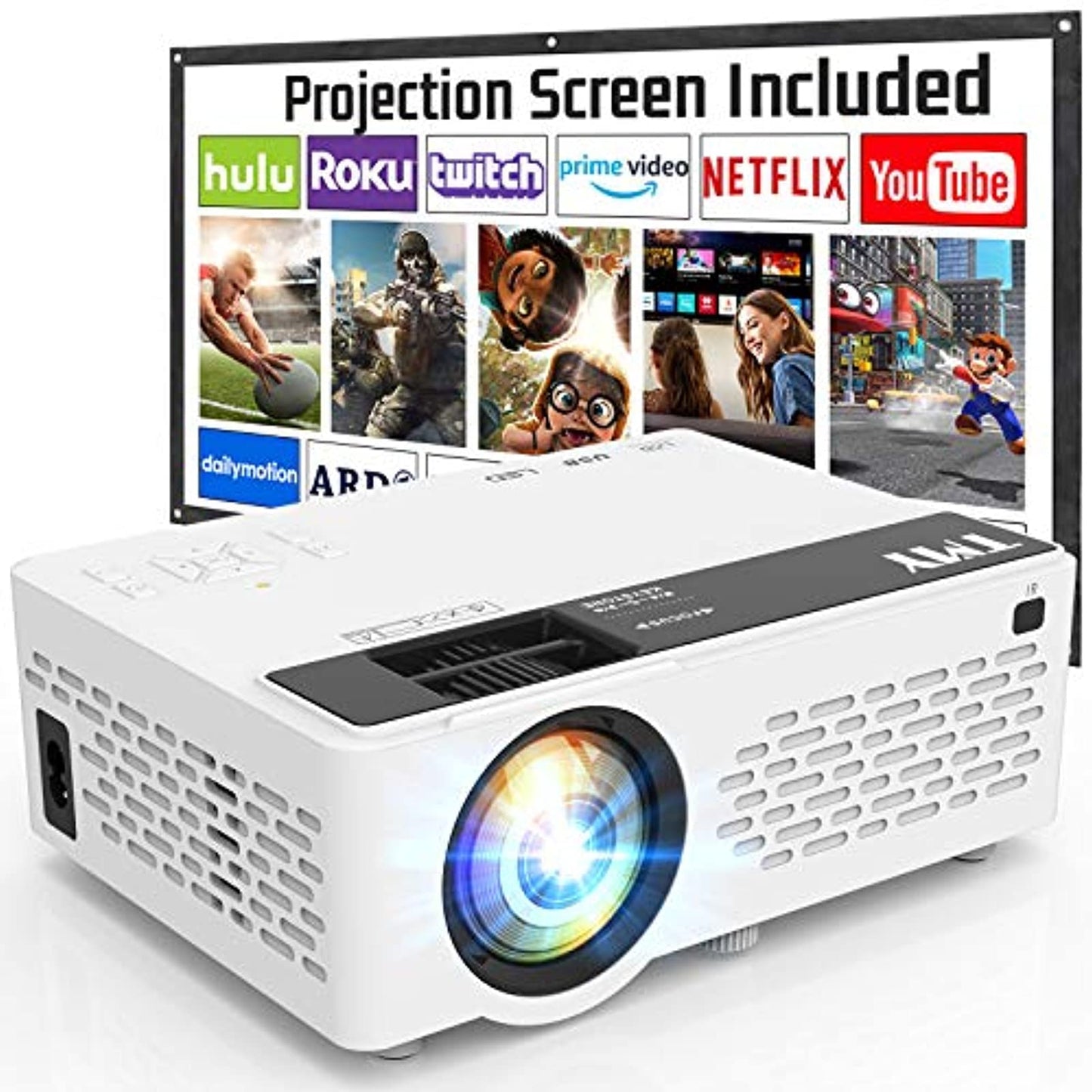 TMY Mini Projector, Upgraded Bluetooth Projector with Screen, 1080P Full HD Portable Projector, Movie Projector Compatible with TV Stick Smartphone/HDMI/USB, indoor &amp; outdoor use