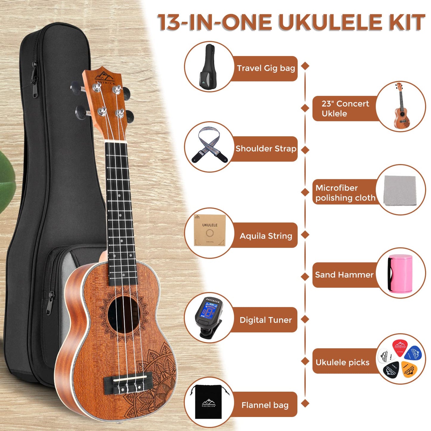 EASTROCK Concert Ukulele Mahogany Beginner 23 inch Ukelele Big Package Kit. Ukulele Ukalalee Suitable for adults, Beginners. (23-Mahogany)