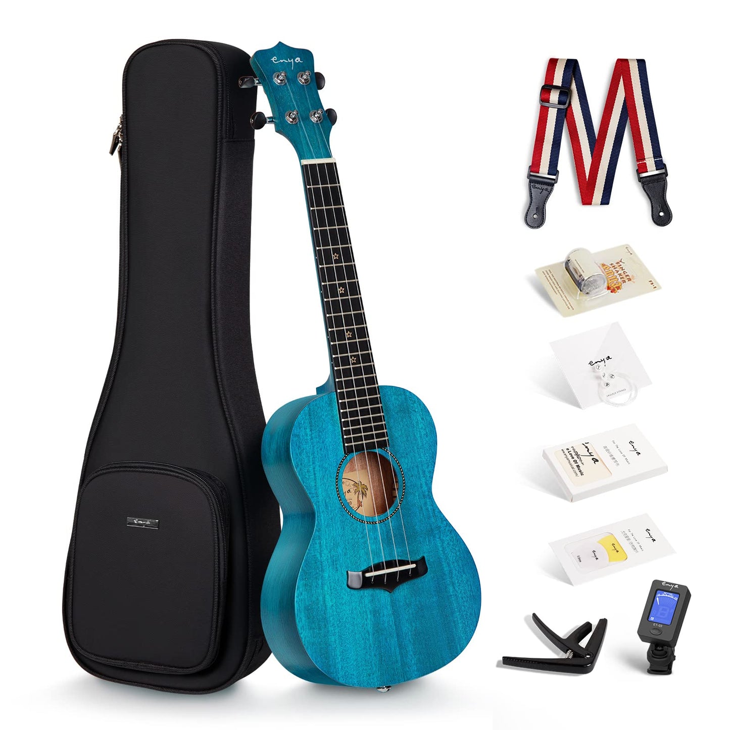 Enya Concert Ukulele 23 Inch Blue Solid Mahogany Top with Ukulele Starter Kit Includes Online Lessons, Tuner,Case, Strap, Strings, Capo, Sand Shaker, Pick,Polish Cloth (EUC-25D BU)