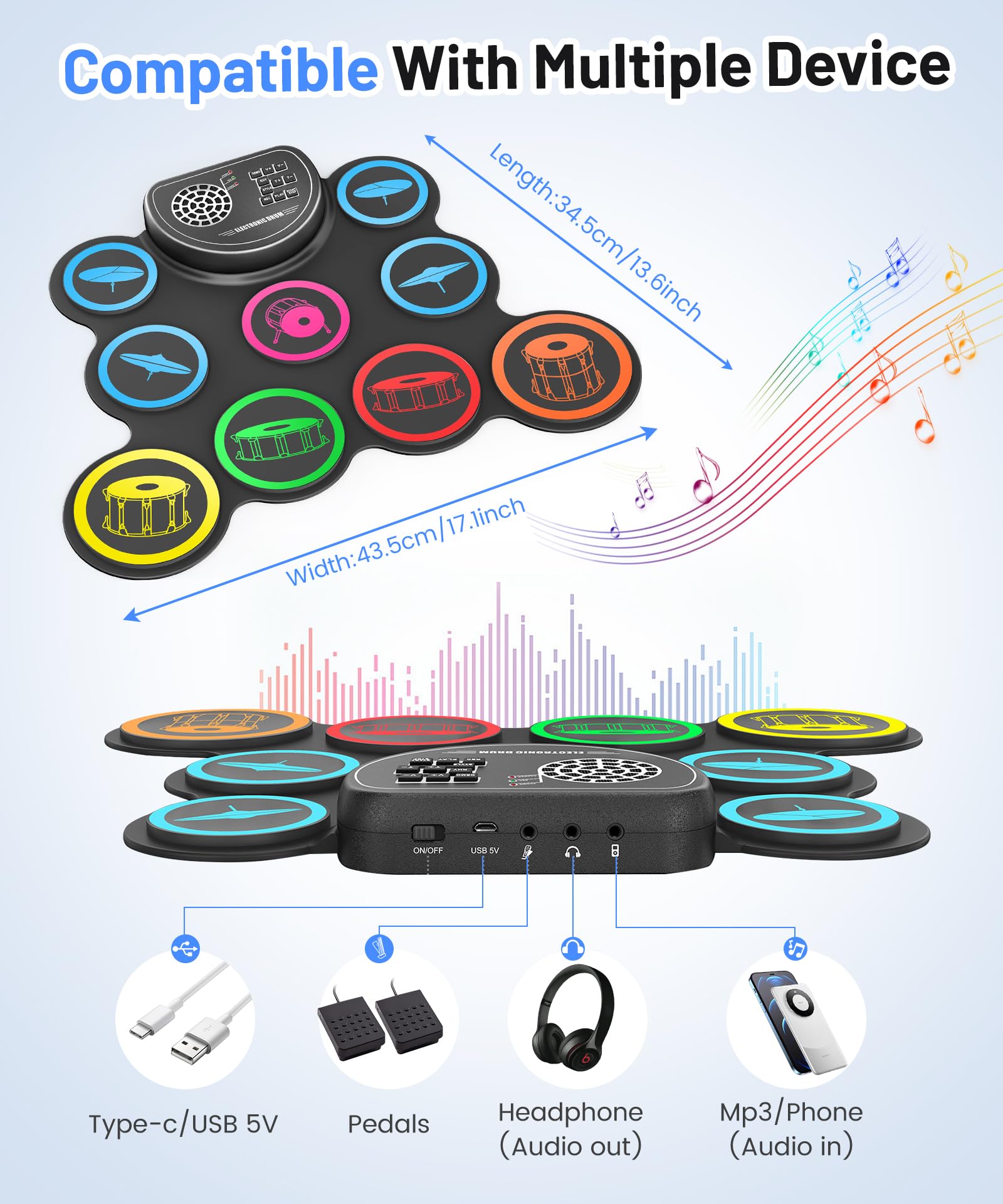 Electronic Drum Set, 9-Drum Practice Pad with Headphone Jack, Roll-up Drum Kit Machine with Built-in Speaker Drum Pedals and Sticks 10 Hours Playtime, Great Christmas Holiday Gifts for Kids