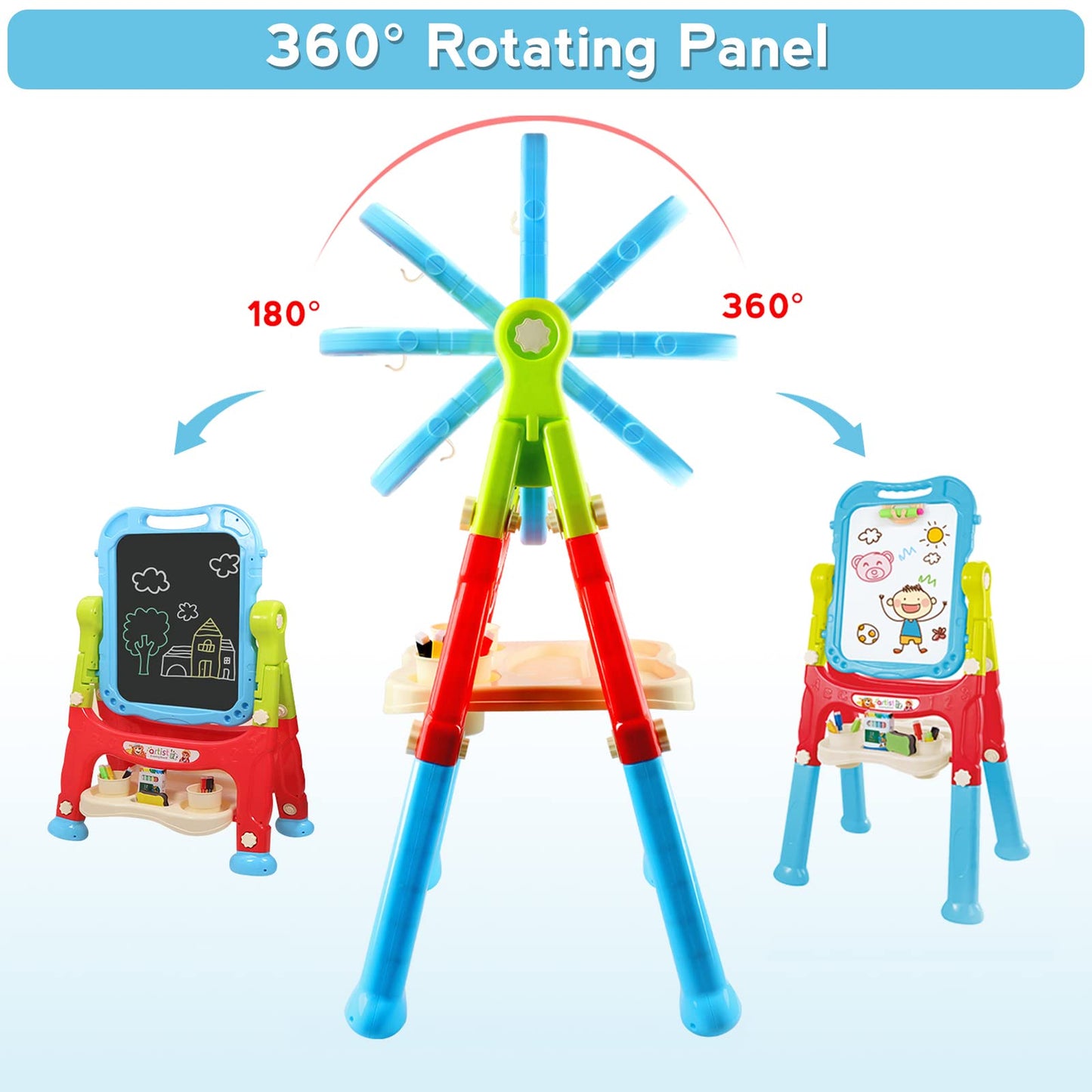 Easel for Kids,Rotatable Double Sided Adjustable Standing Art Easel with Painting Accessories for Toddlers Boys and Girls-Blue