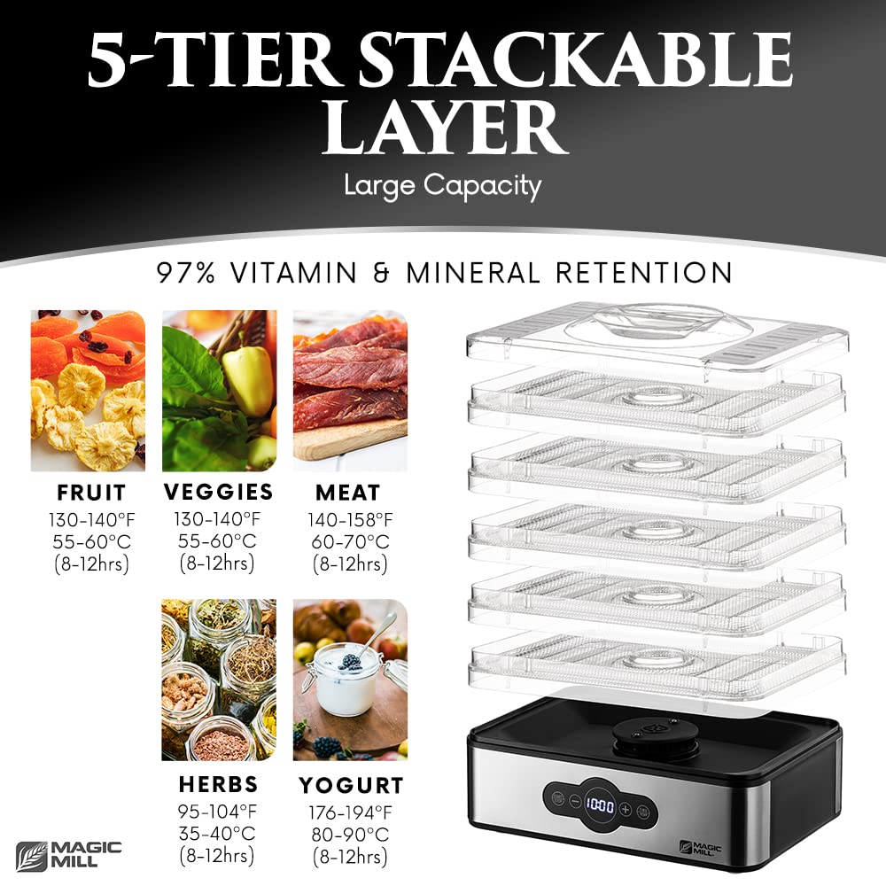 Magic Mill Food Dehydrator Machine | 5 Stackable Stainless Steel Trays Jerky Dryer with Digital Adjustable Timer &amp; Temperature Control - Electric Food Preserver for Fruits, Veggies, Meats &amp; Dog Treats