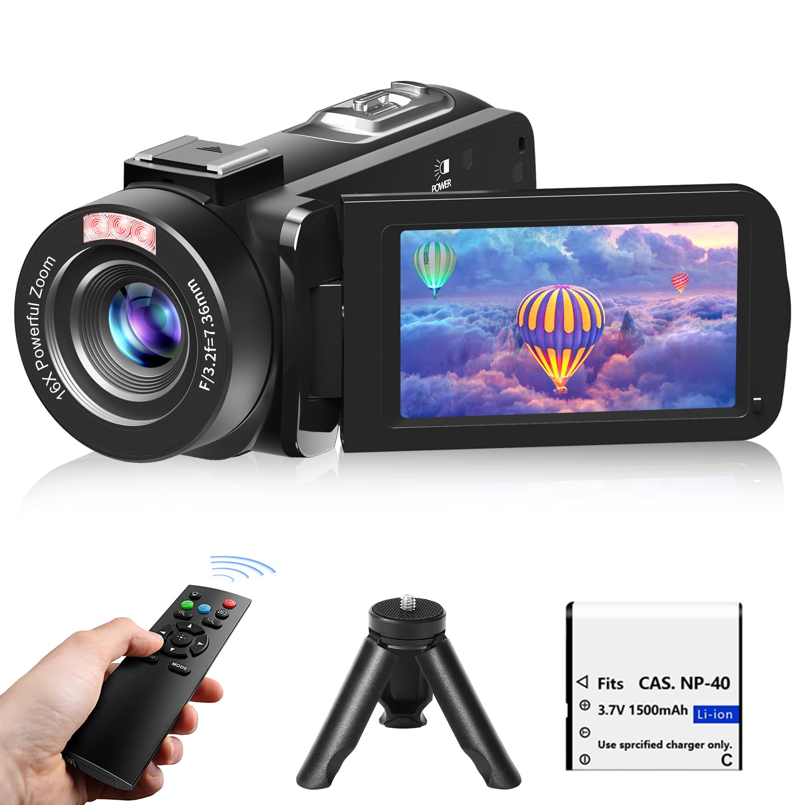 Video Camera, Full HD 1080P 30MP Camcorder, Vlogging Camera for YouTube with Infrared Night Vision, 18X Digital Zoom 3.0“ LCD Screen Digital Camera, Video Recorder with Remote Control and Battery