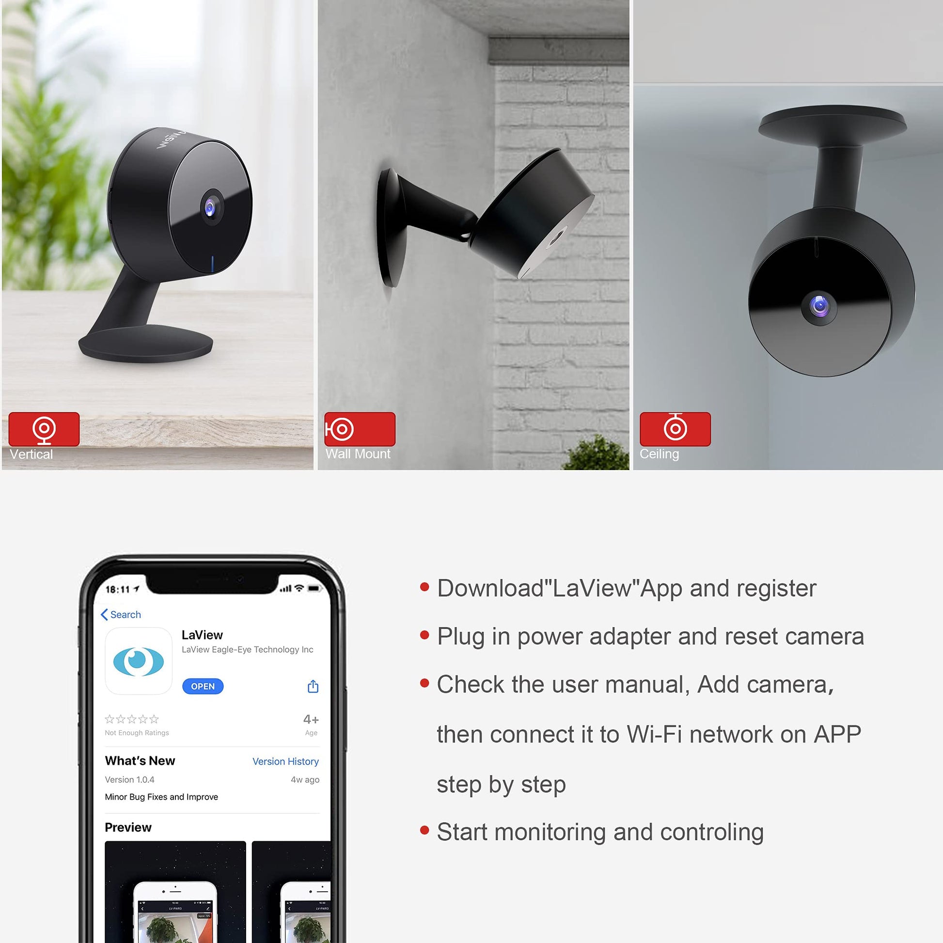 LaView Security Cameras 4pcs, Home Security Camera Indoor 1080P, Wi-Fi Cameras Wired for Pet, Motion Detection, Two-Way Audio, Night Vision, Phone App, Works with Alexa, iOS &amp; Android &amp; Web Access