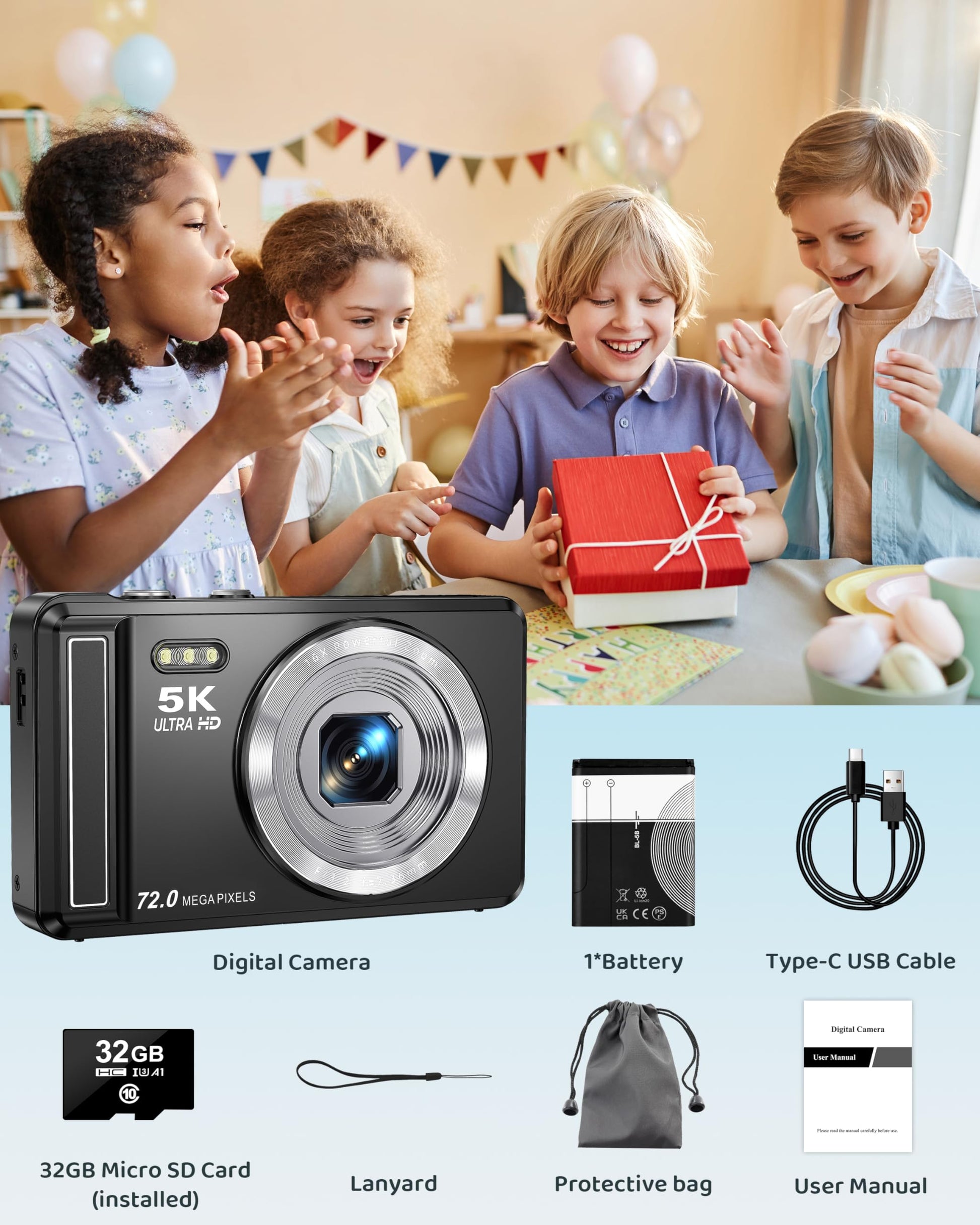 5K Digital Camera - 72MP UHD Digital Cameras for Photography - Autofocus Point and Shoot Small Camera with Flash for Kids - 2.8 Inch Screen Compact Portable Vlogging Camera with 16X Zoom, 32GB SD Card