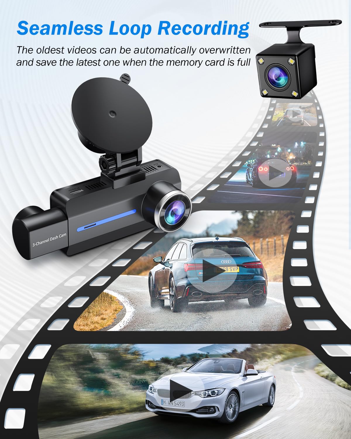 Dash Cam Front and Rear, 2.5K+1440P Triple Car Camera with 32GB Card, 3 Channel Dash Camera for Cars, G-Sensor, 3.16” IPS Screen, 24Hr Parking, 170°Wide Angle, Loop Recording, IR Night Vision, Blue