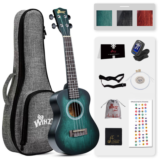 WINZZ HAND RUBBED Series - 21 Inches Soprano Ukulele Vintage Hawaiian Uke with Online Lessons, Bag, Tuner, Strap, Extra Strings, Fingerboard Sticker, Black