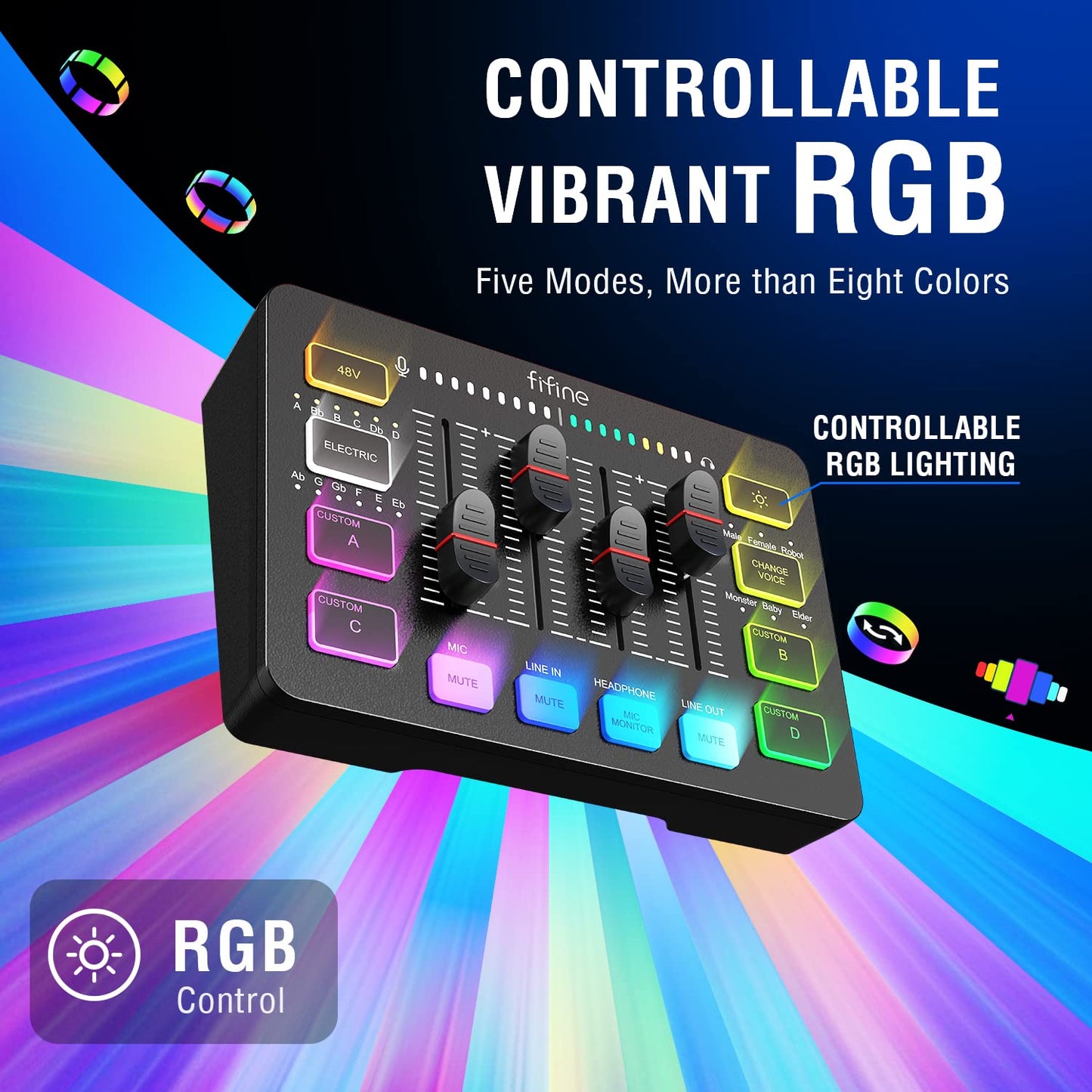 FIFINE Gaming Audio Mixer, Streaming RGB PC Mixer with XLR Microphone Interface, Individual Control, Volume Fader, Mute Button, 48V Phantom Power, for Podcast/Recording/Vocal/Game Voice-AmpliGame SC3