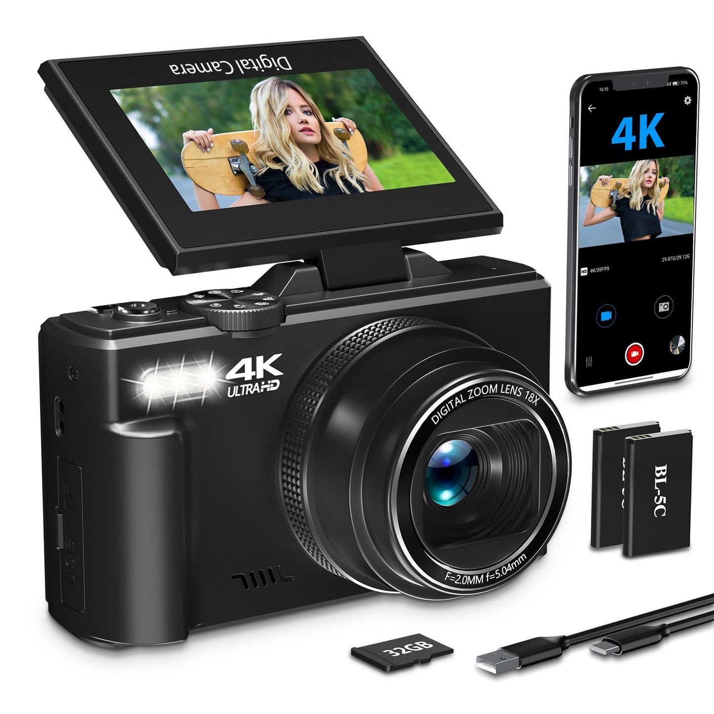 4K Digital Camera for Photography with 3" 180°Flip Screen, 64MP Vlogging Camera for YouTube, 4K Ultra HD WiFi Camera with 18X Digital Zoom，Compact Camera with Flash, 32GB TF Card &amp; 2 Batteries（Black）