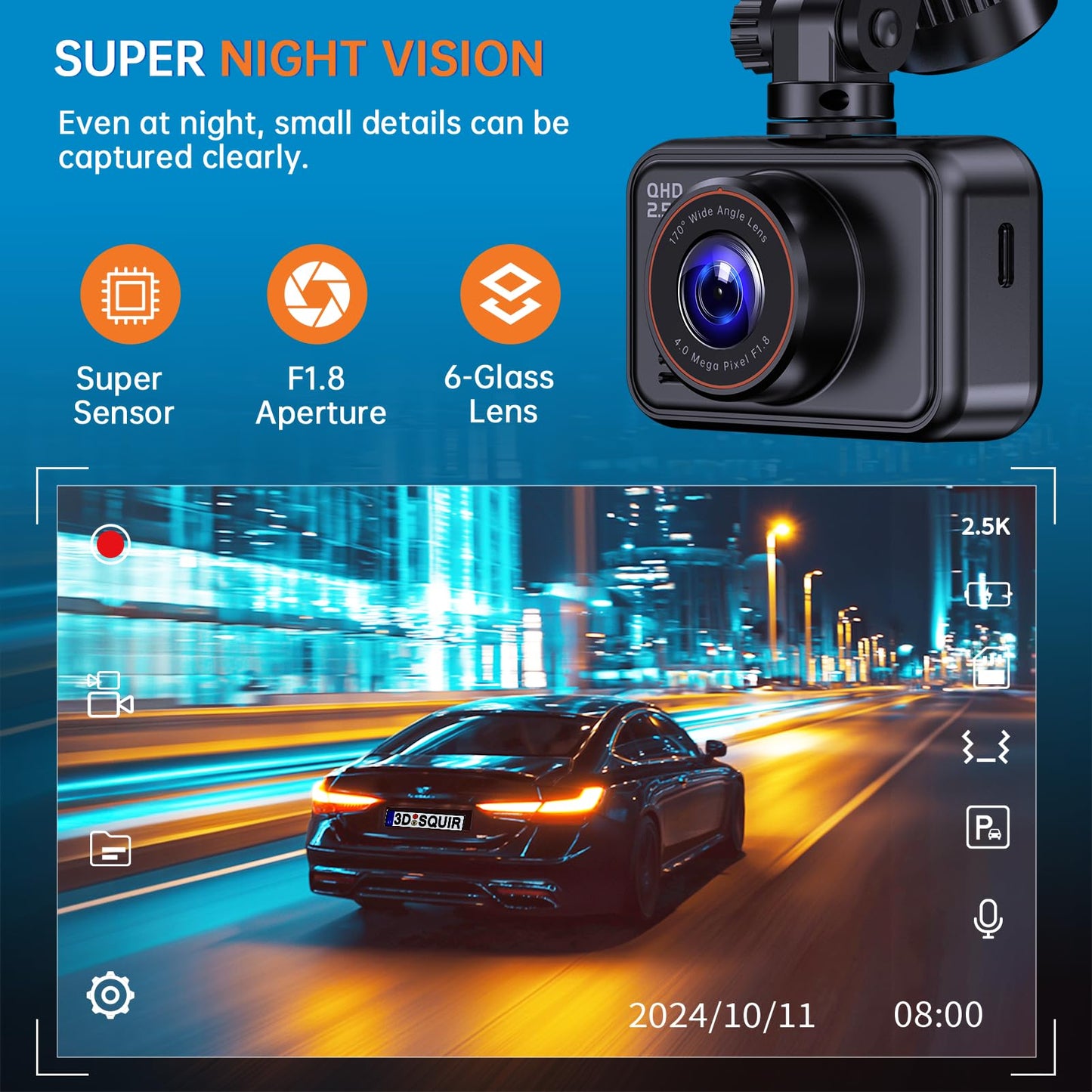 Dash Cam Front and Rear, 2.5K Dual Dash Camera for Cars, 2560P Mini Car Camera, 2 inch IPS Screen, 32GB Card Included, WDR Night Vision, 24 Hours Parking Monitor, G-Sensor, Support 256 GB Max