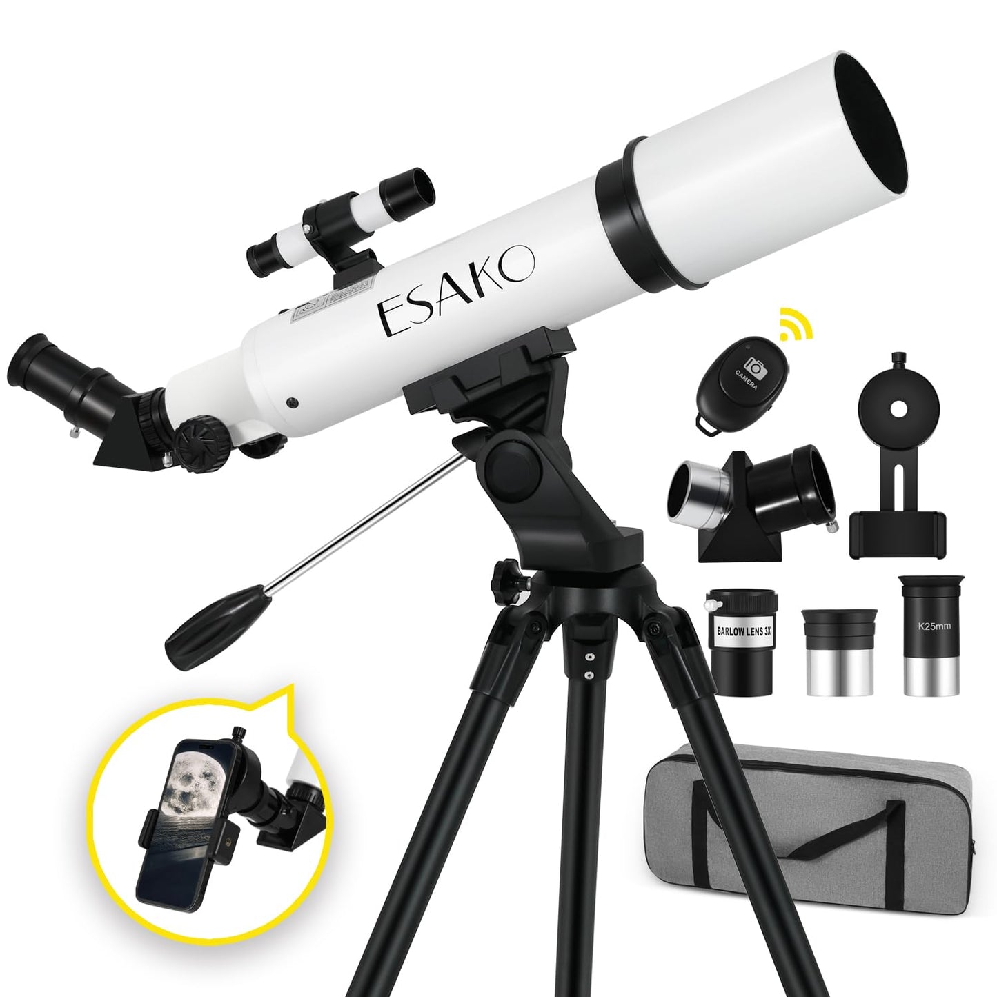 ESAKO Telescope for Adults &amp; Beginners, Astronomical Portable 80mm Aperture Telescope with Phone Adapter, Wireless Remote &amp; Carry Bag