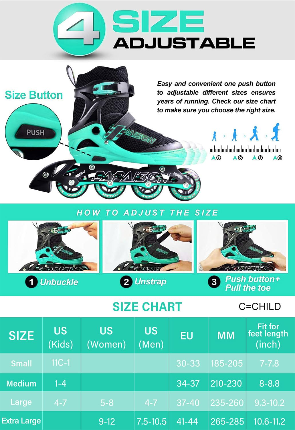 PAPAISON Adjustable Inline Skates for Kids and Adults with Full Light Up Wheels, Outdoor Roller Skates for Girls and Boys, Men and Women