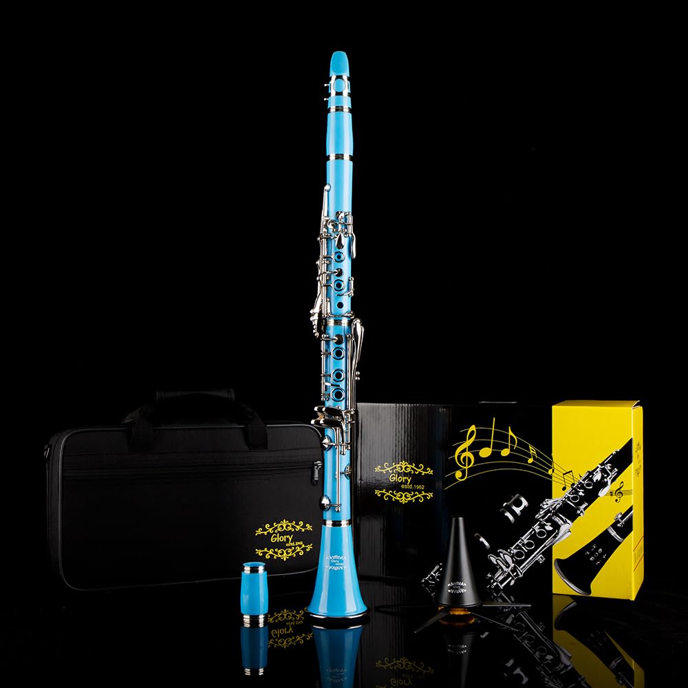 Glory GLY-CLADBL Professional Ebonite Bb Clarinet with 10 Reeds, Stand, Hard Case, Cleaning Cloth, Cork Grease, Mouthpiece Brush and Pad Brush,Dark Blue/Silver