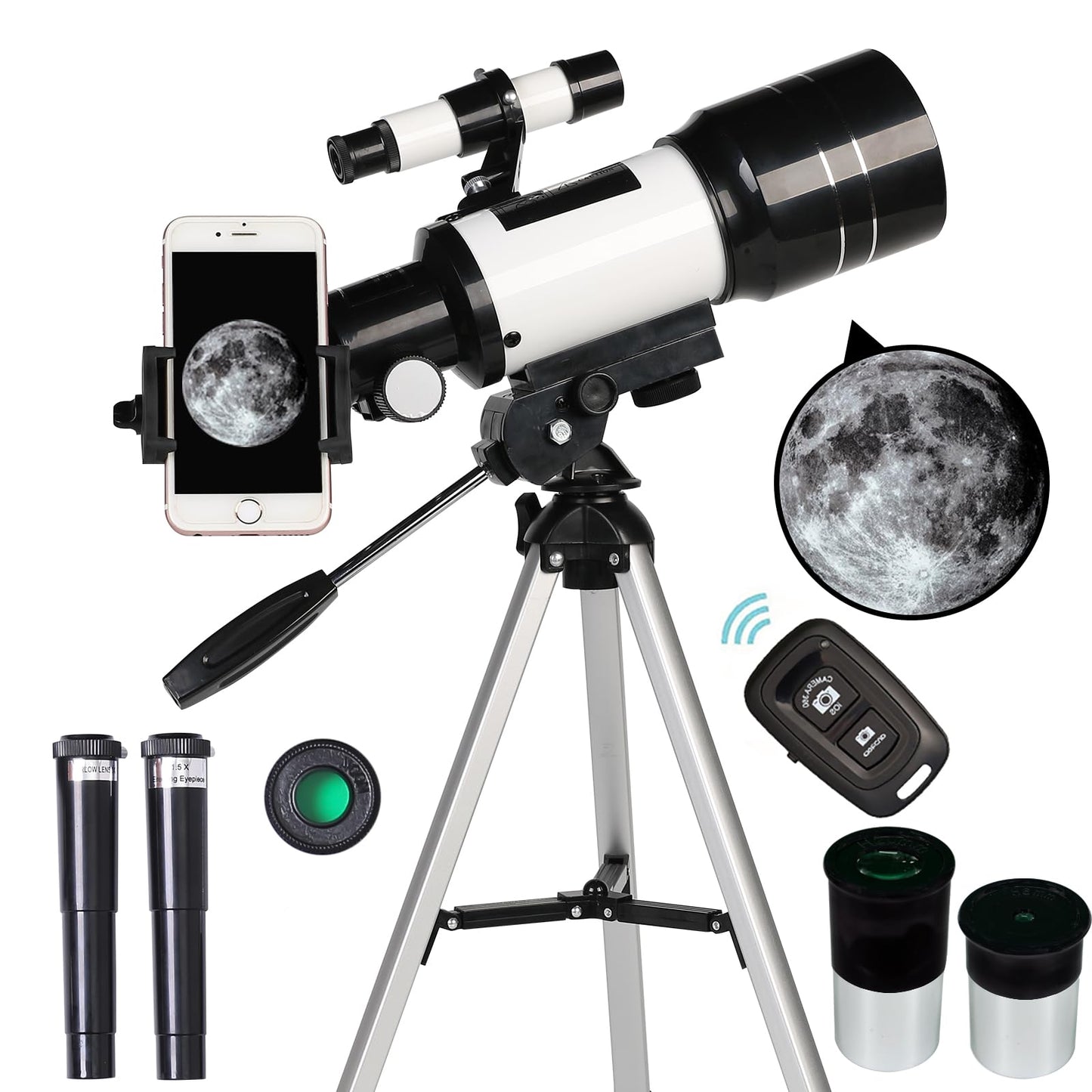 Telescope for Adults &amp; Kids, 70mm Aperture Refractor (15X-150X) Portable Travel Telescope with Phone Adapter &amp; Wireless Remote, Astronomy Beginners Gifts, Black