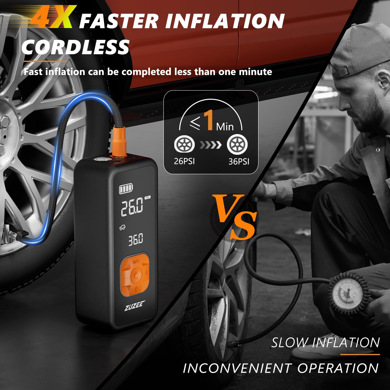 Tire Inflator Portable Air Compressor - 4X Faster Inflation, 150PSI Air Pump for Car Tires with Digital Pressure Gauge/LED Light, 20000mAh Portable Tire Inflator for Car, Moto, Bike, Ball, etc