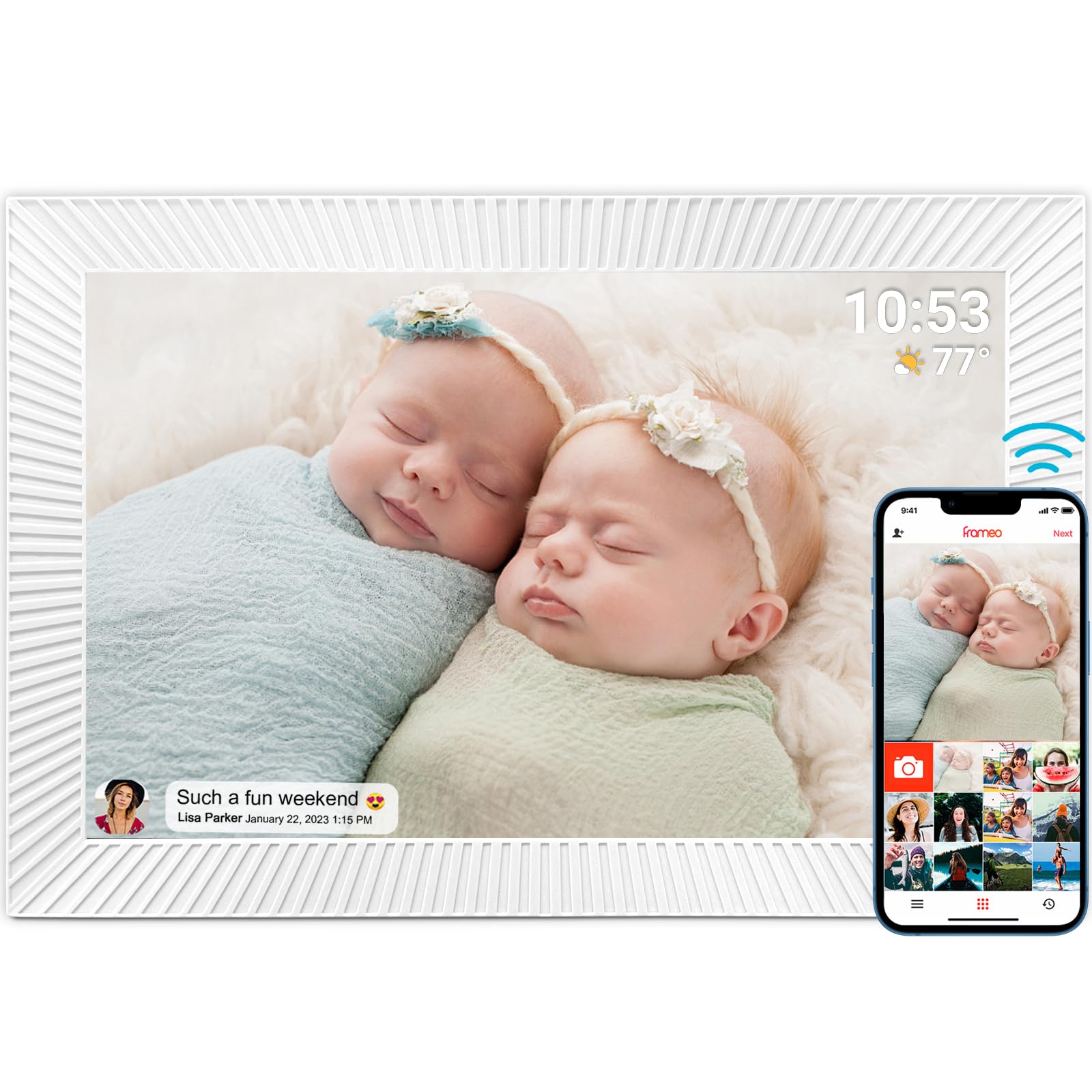 FRAMEO Digital Photo Frame WiFi 32GB 10.1 Inch 1280x800 IPS Touch Screen Digital Picture Frame Easy Setup Share Photo or Video via Frameo APP