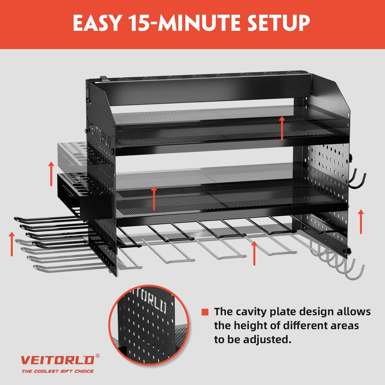 Veitorld Power Tool Organizer with Charging Station, Garage Tool Storage Organizer Built in 8 Outlet Power Strip with Drawers, 6 Drill Holder Wall Mount, Gifts for Men Dad Husband Him Fathers Day