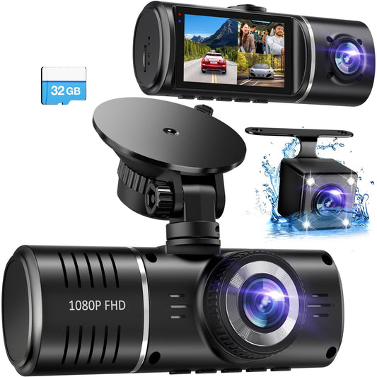 Dash Cam Front and Rear Inside, 3 Channel Dash Camera for Cars, 1080P Car Dash Cam, Triple Dash Cam, Dash Camera with 32GB Card, Loop Recording, HDR, G-Sensor, 24Hr Parking