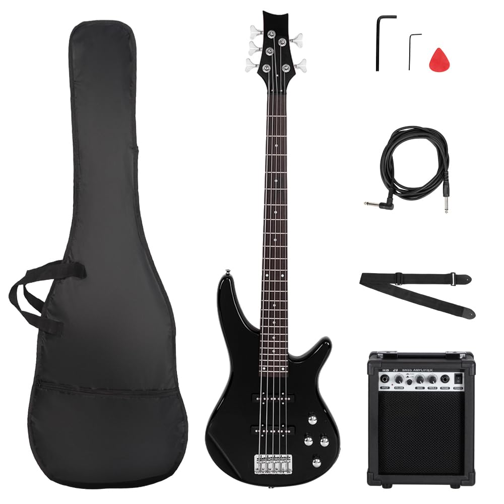 Ktaxon Electric Bass Guitar 4 String Bass Guitar with 20 Watt Amplifier, PJ Type Pickup, Naturally air-dried Maple Neck, Rosewood Fretboard, Basswood Body(Black)