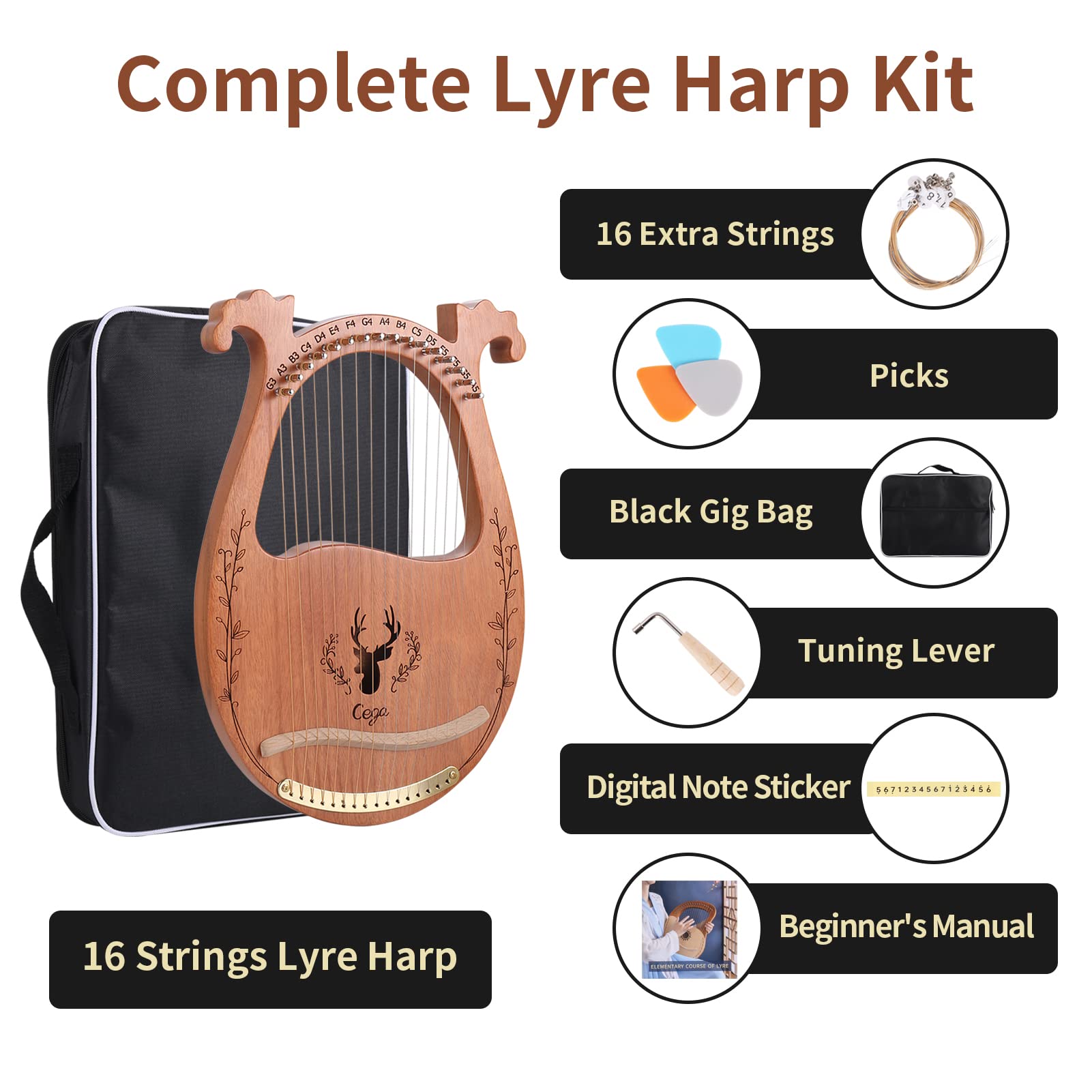 Lyre Harp, 16 Strings Mahogany Acoustic Harp with Extra Strings, Picks, Tuning Lever, Black Gig Bag, Beginner's Manual for Lyre