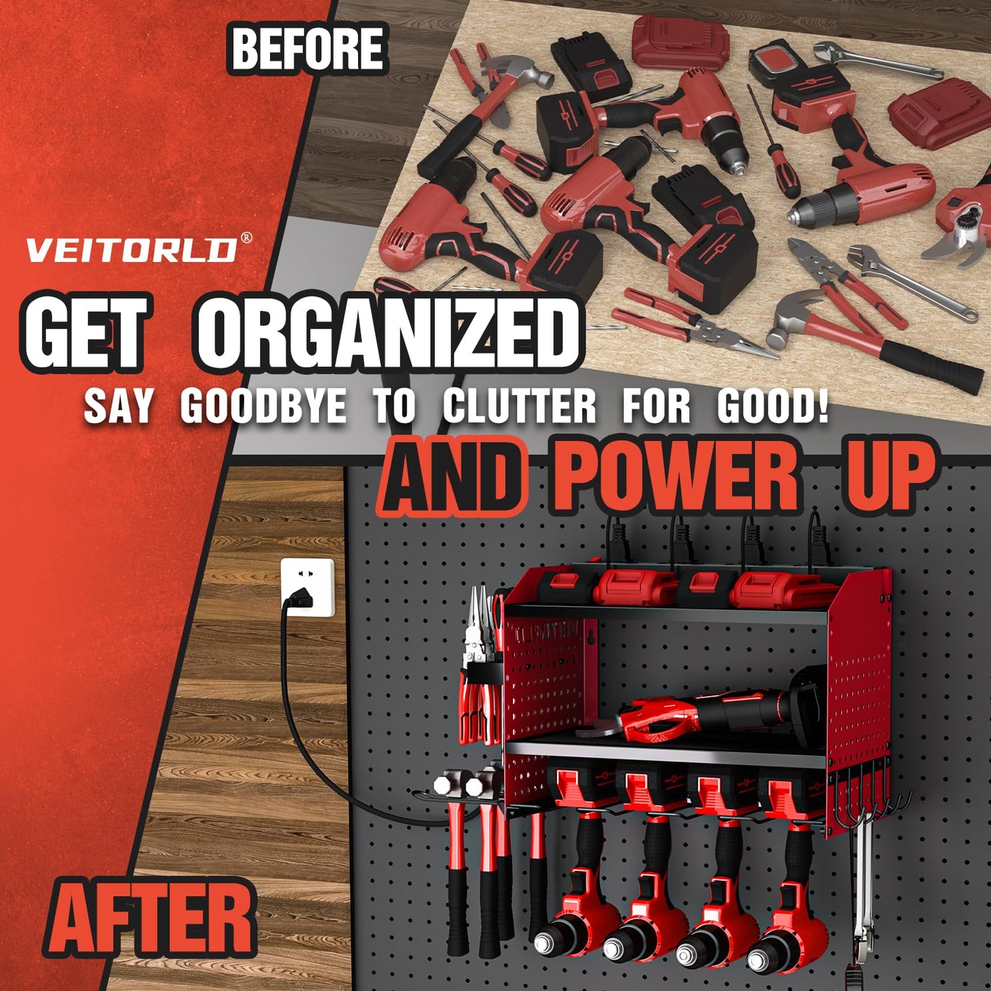 Veitorld Power Tool Organizer with Charging Station, Garage Tool Storage Organizer Built in 8 Outlet Power Strip with Drawers, 6 Drill Holder Wall Mount, Gifts for Men Dad Husband Him Fathers Day